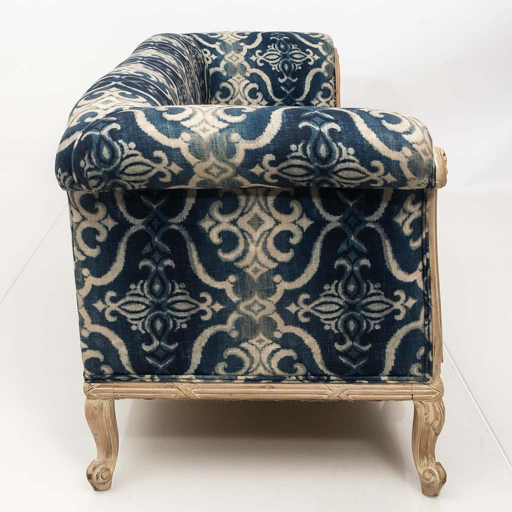 Antique French Chesterfield Sofa in Indigo Ikat Print Linen For Sale 1