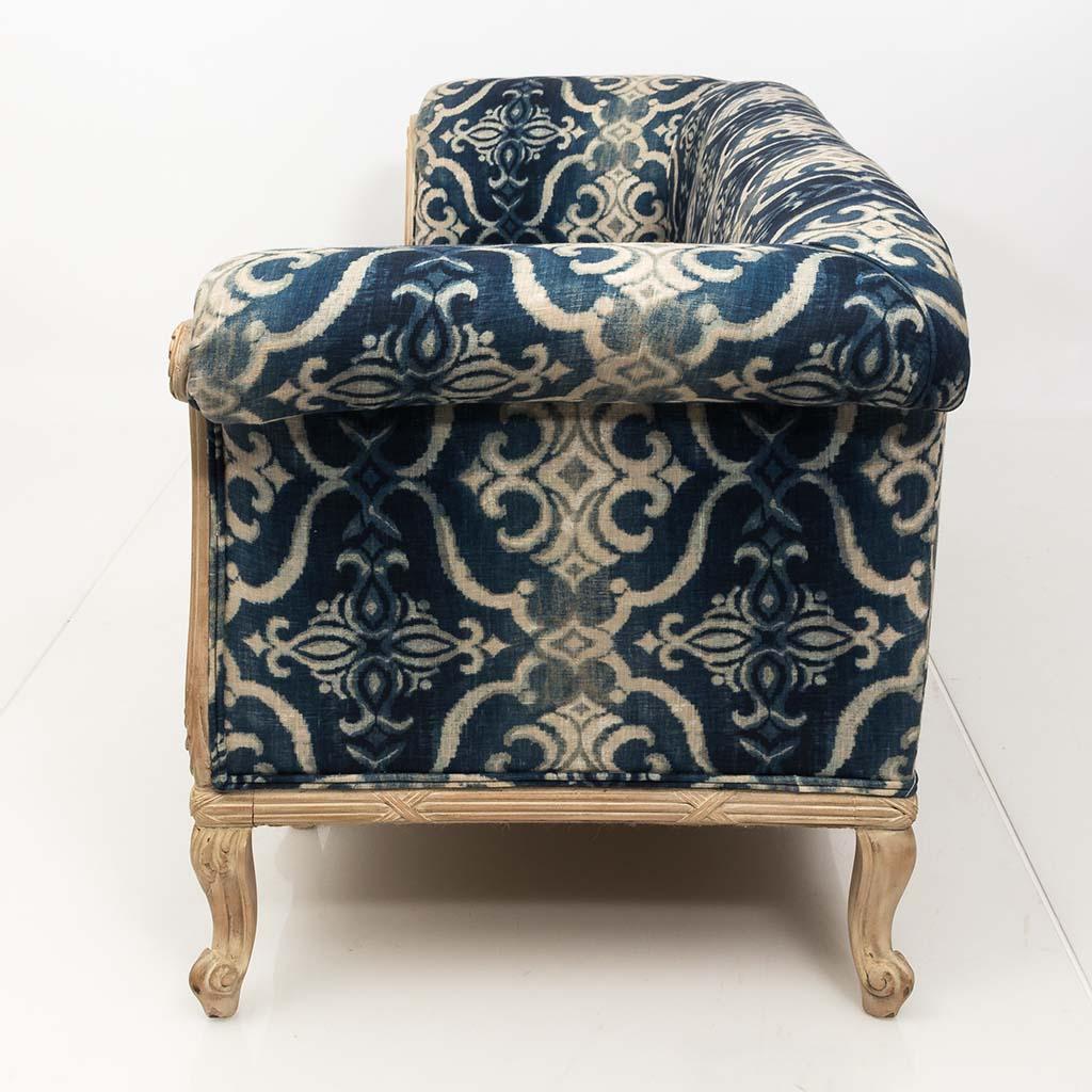 Antique French Chesterfield Sofa in Indigo Ikat Print Linen For Sale 3