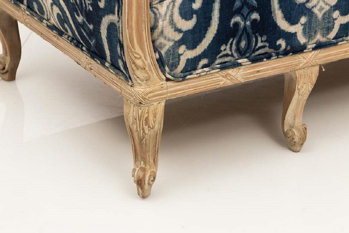 19th Century Antique French Chesterfield Sofa in Indigo Ikat Print Linen