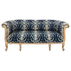 Antique French Chesterfield Sofa in Indigo Ikat Print Linen