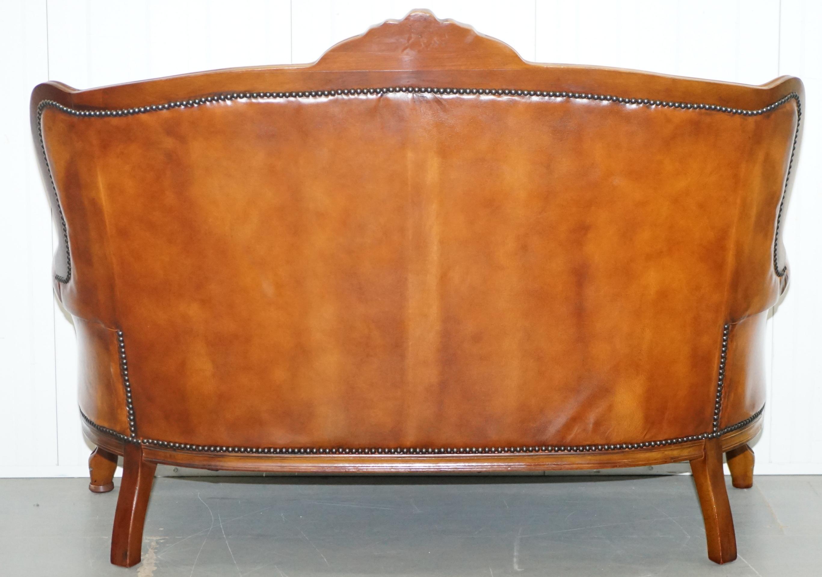 French Chesterfield Tan Brown Leather Suite Sofa Armchairs Mid-Century Modern 4