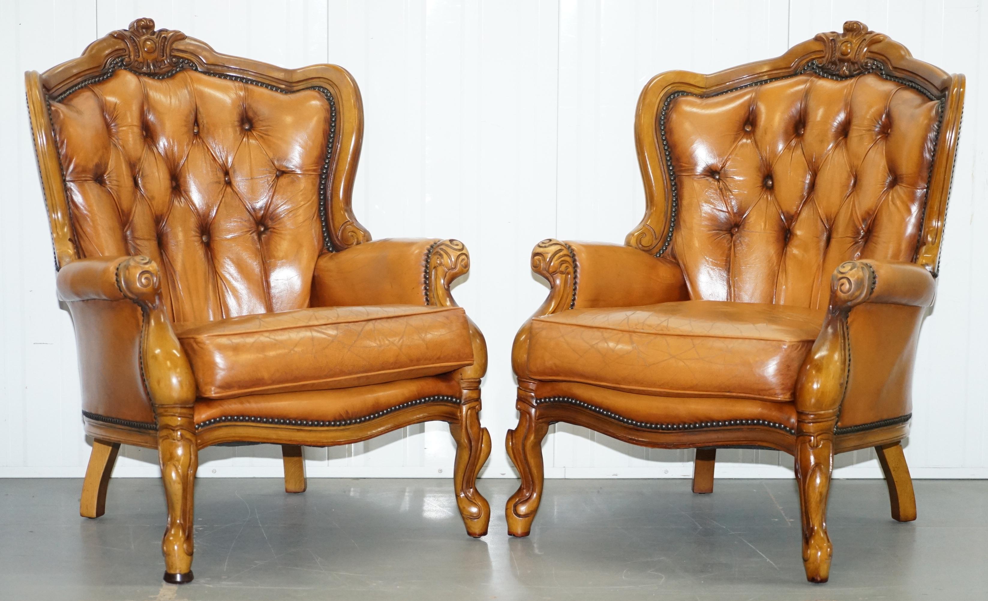 French Chesterfield Tan Brown Leather Suite Sofa Armchairs Mid-Century Modern 5