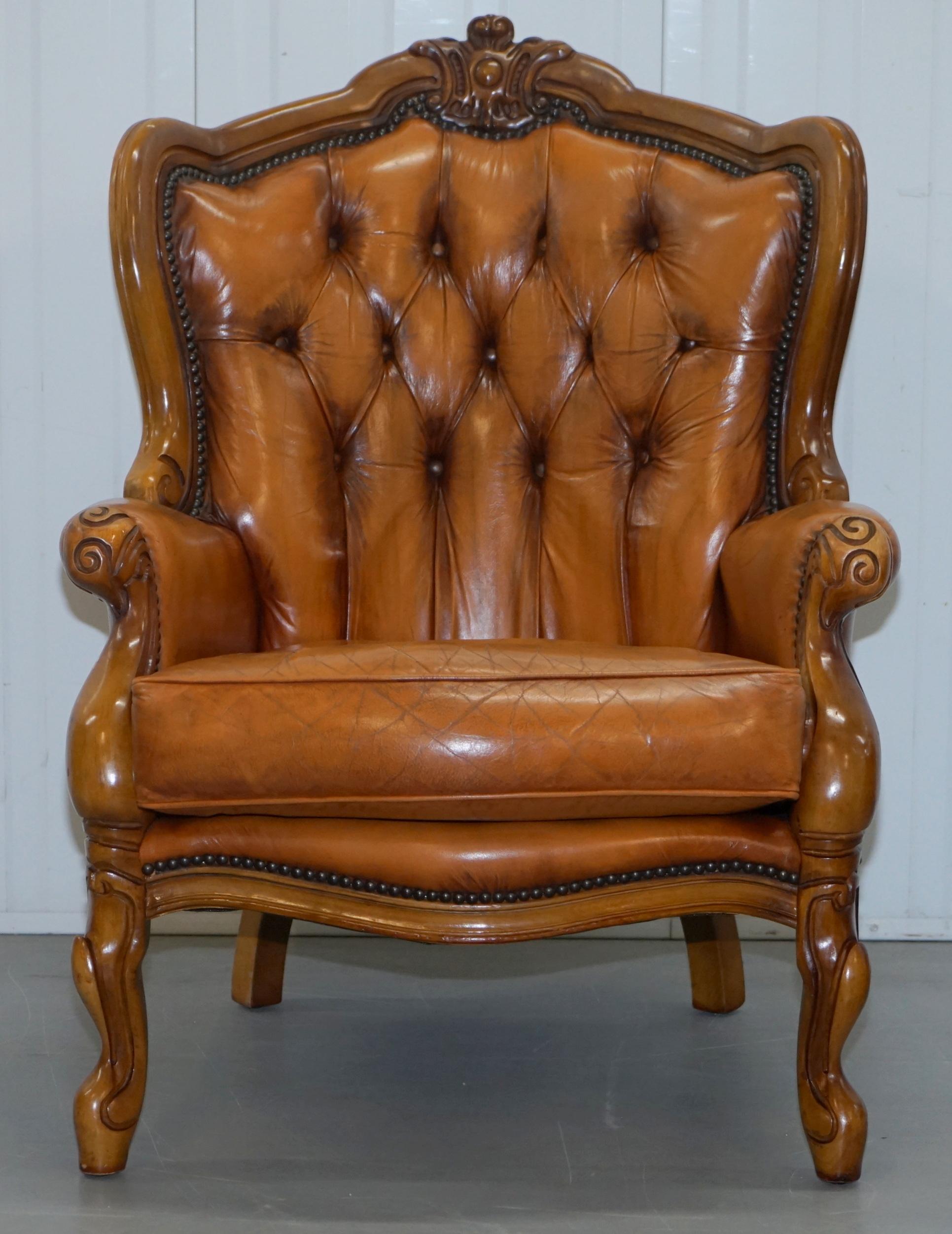 French Chesterfield Tan Brown Leather Suite Sofa Armchairs Mid-Century Modern 7