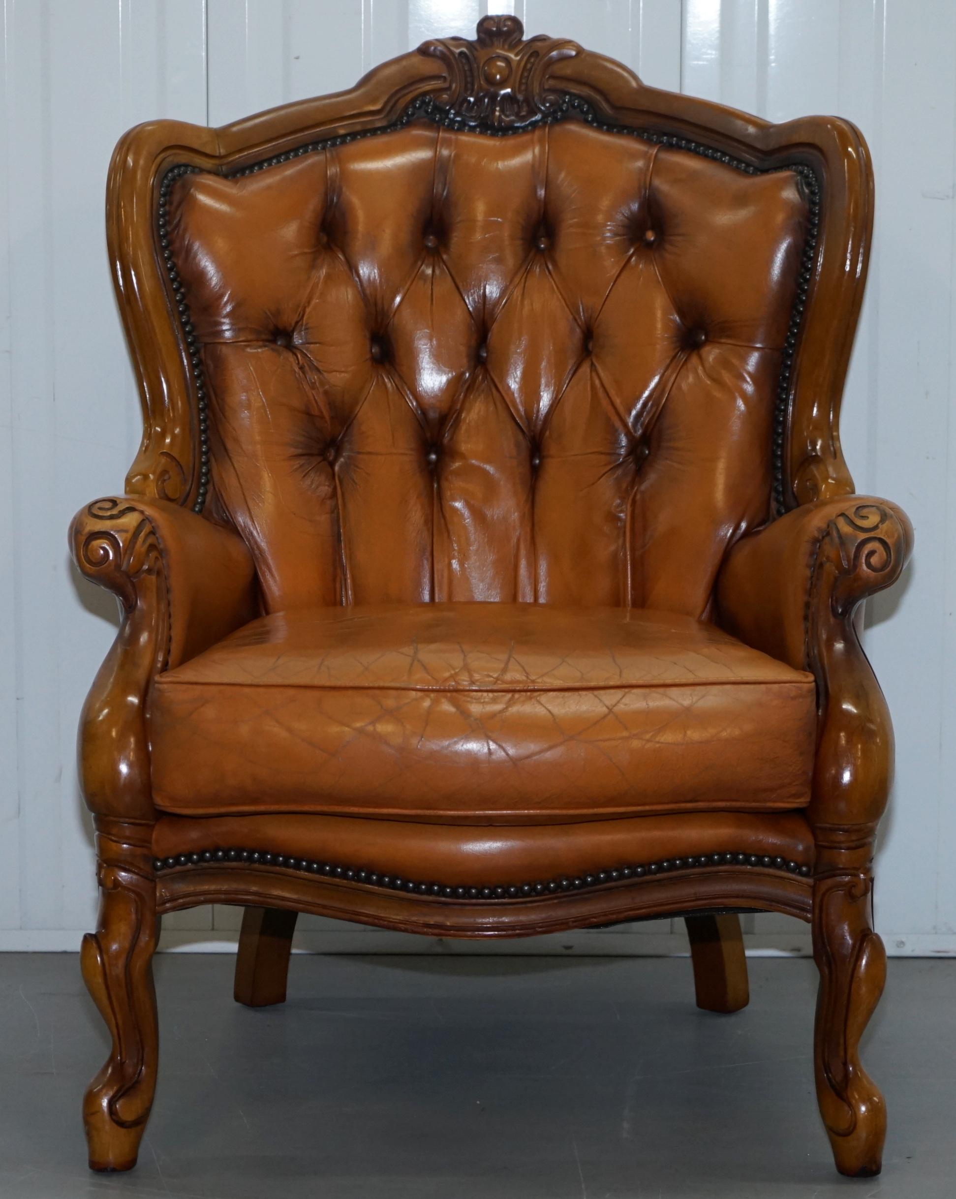 French Chesterfield Tan Brown Leather Suite Sofa Armchairs Mid-Century Modern 11