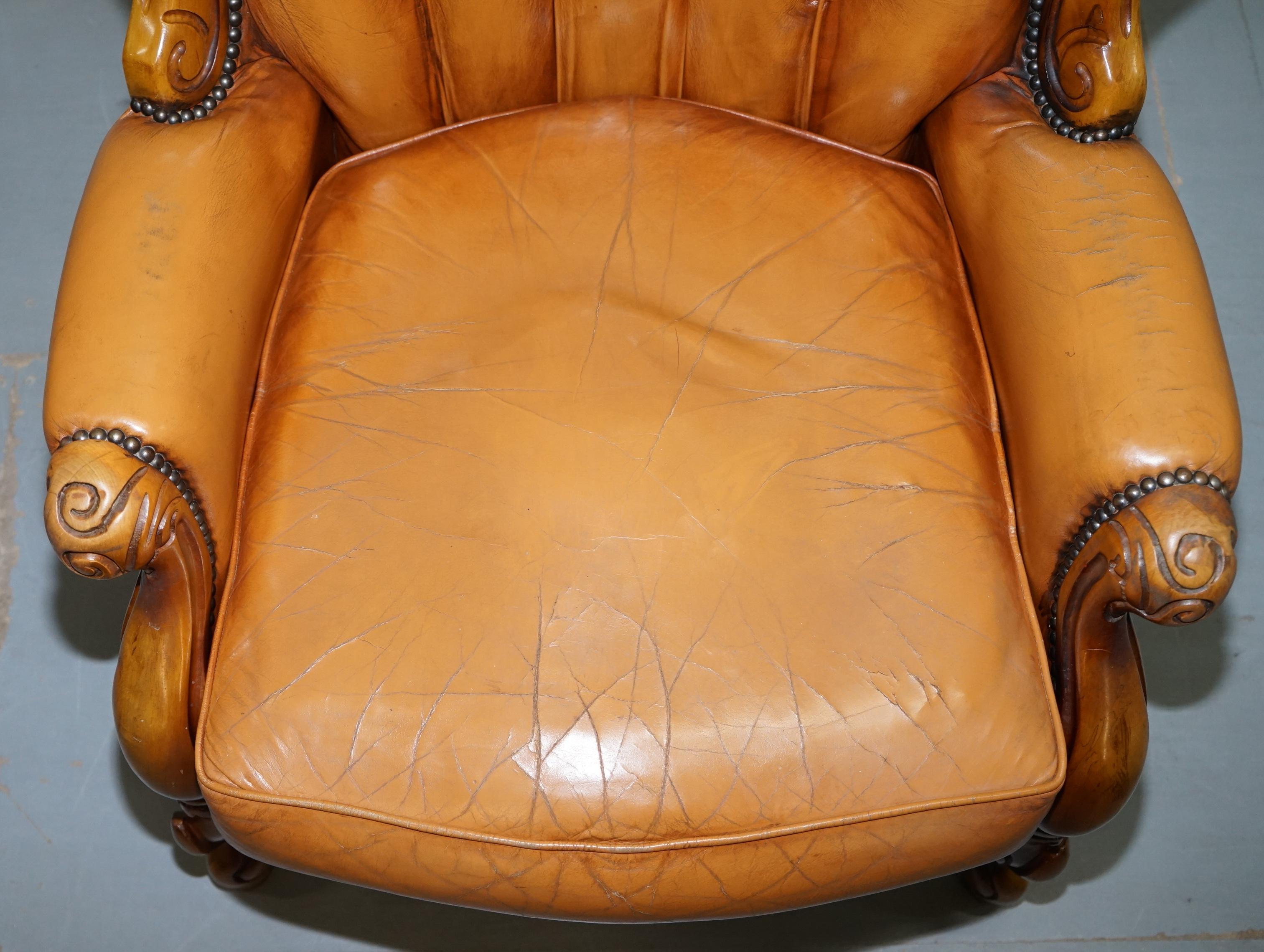 French Chesterfield Tan Brown Leather Suite Sofa Armchairs Mid-Century Modern 12