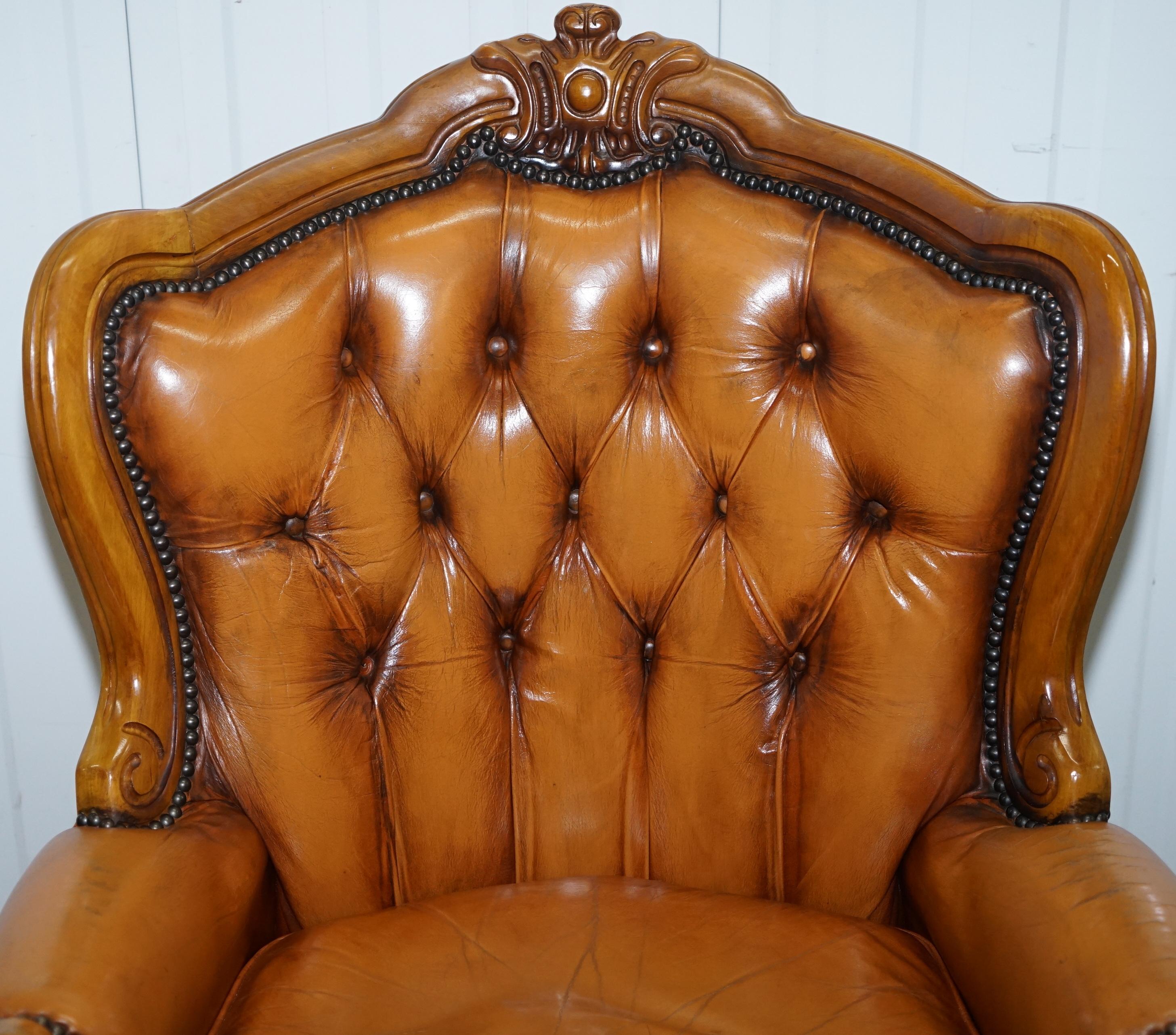 French Chesterfield Tan Brown Leather Suite Sofa Armchairs Mid-Century Modern 13