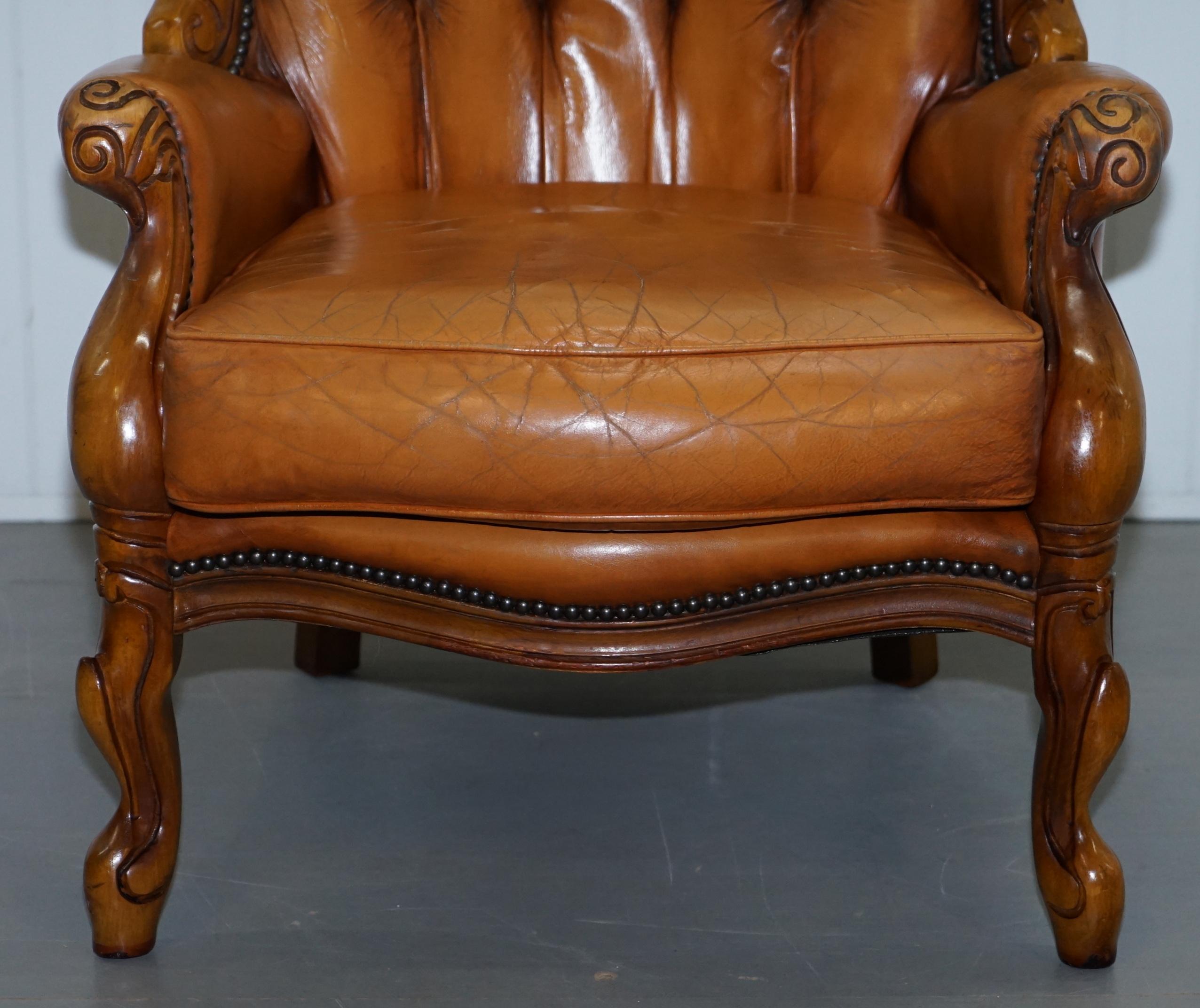 French Chesterfield Tan Brown Leather Suite Sofa Armchairs Mid-Century Modern 14