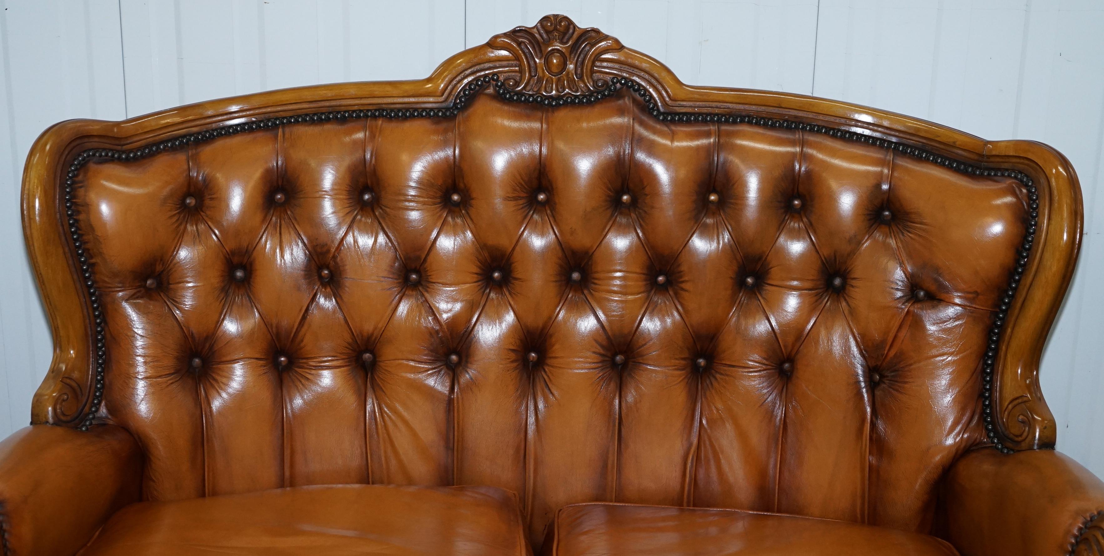 Mid-20th Century French Chesterfield Tan Brown Leather Suite Sofa Armchairs Mid-Century Modern