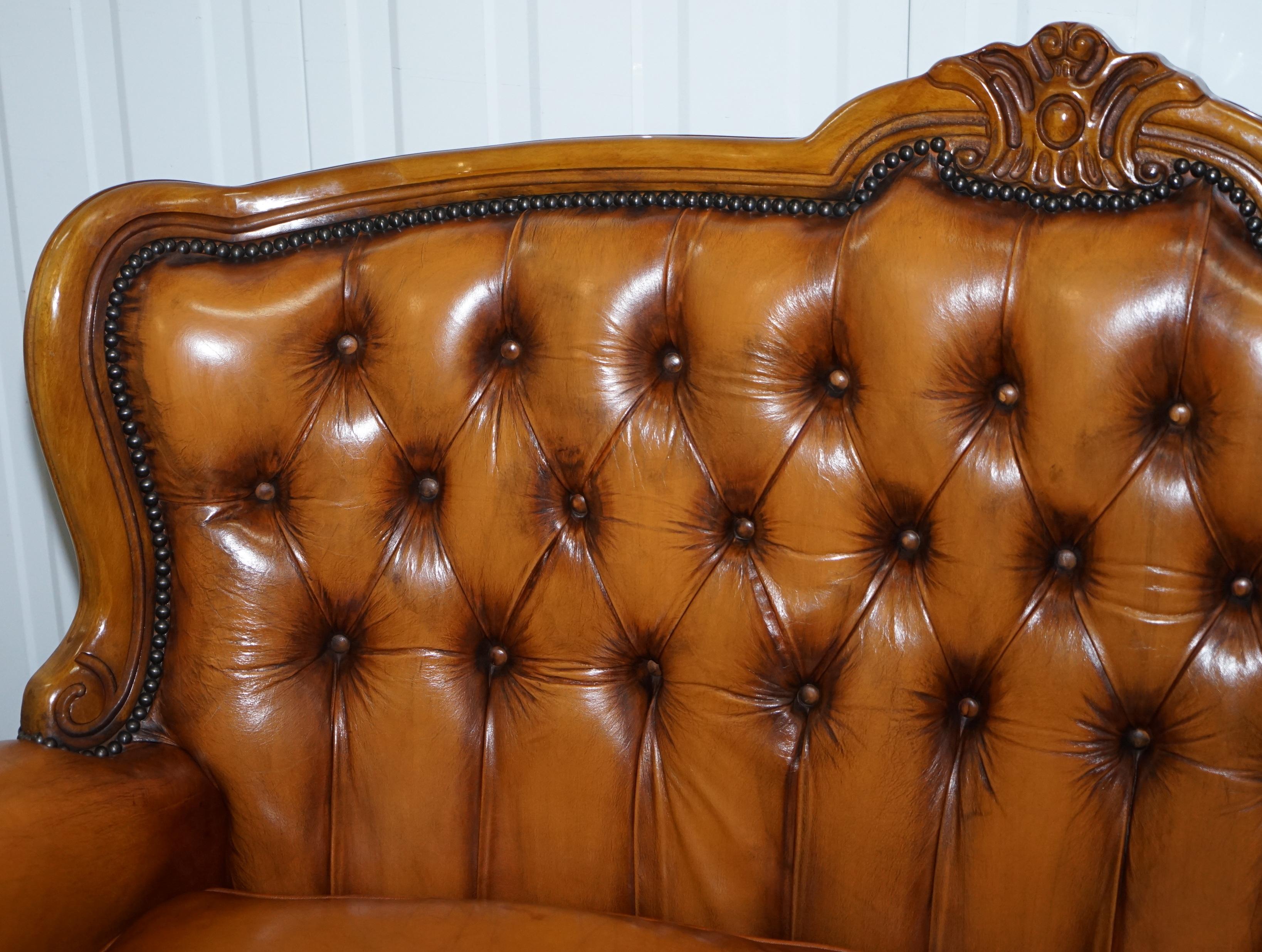 French Chesterfield Tan Brown Leather Suite Sofa Armchairs Mid-Century Modern 1