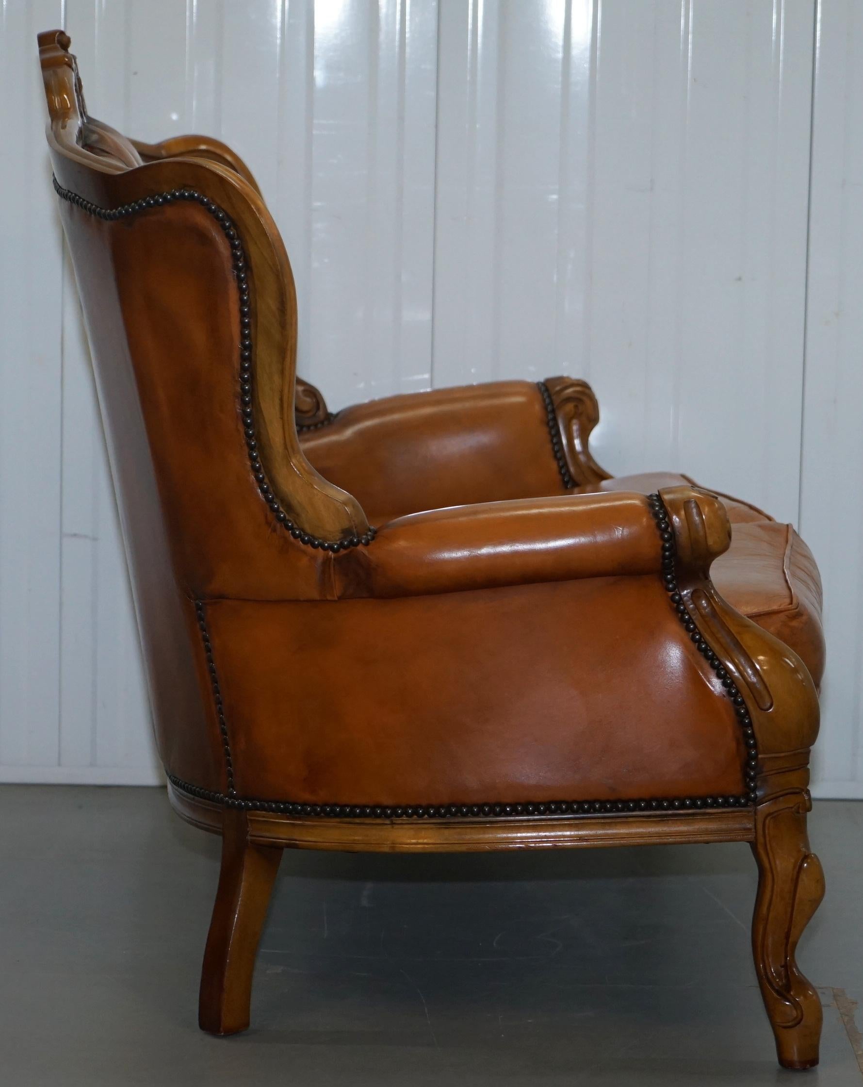 French Chesterfield Tan Brown Leather Suite Sofa Armchairs Mid-Century Modern 3