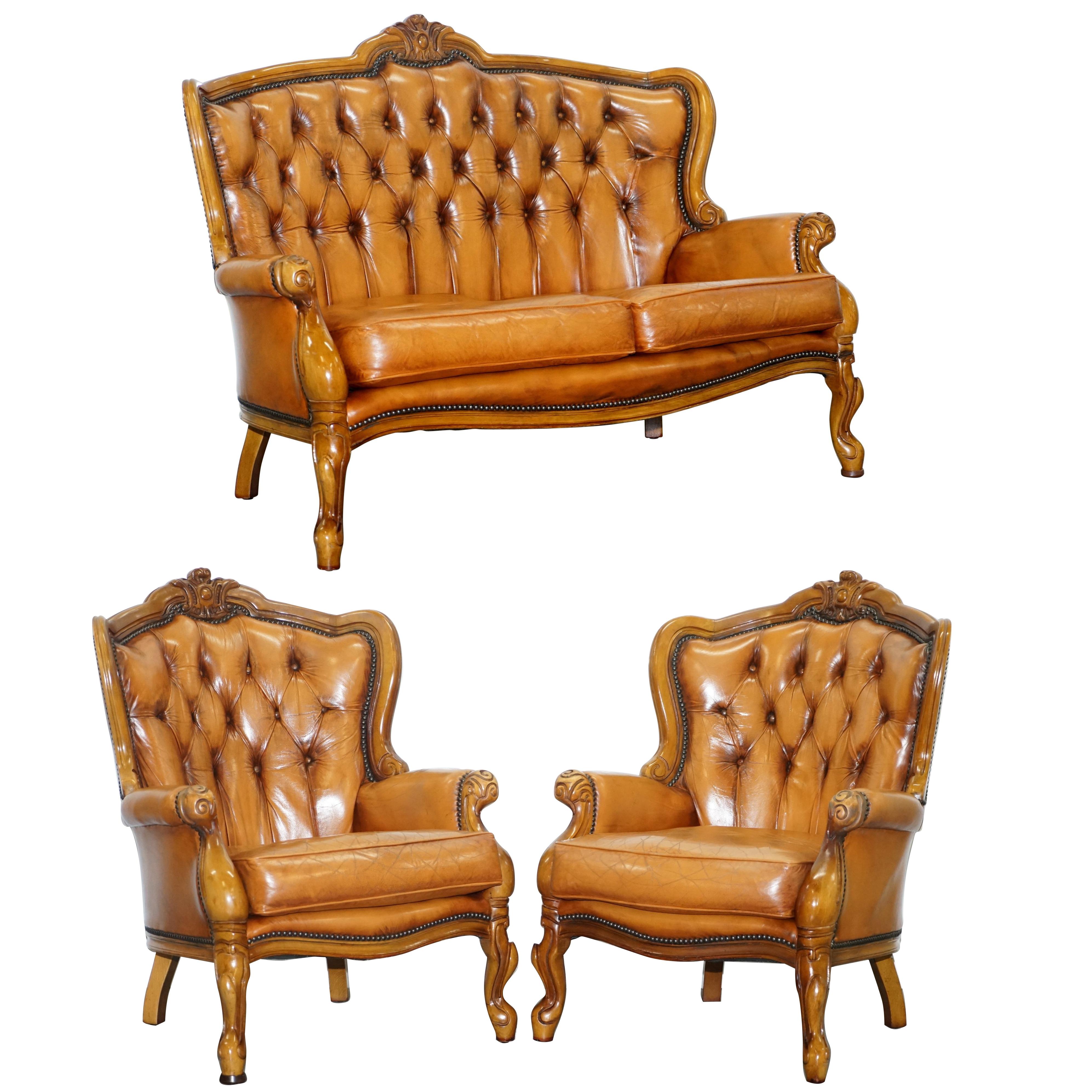 French Chesterfield Tan Brown Leather Suite Sofa Armchairs Mid-Century Modern
