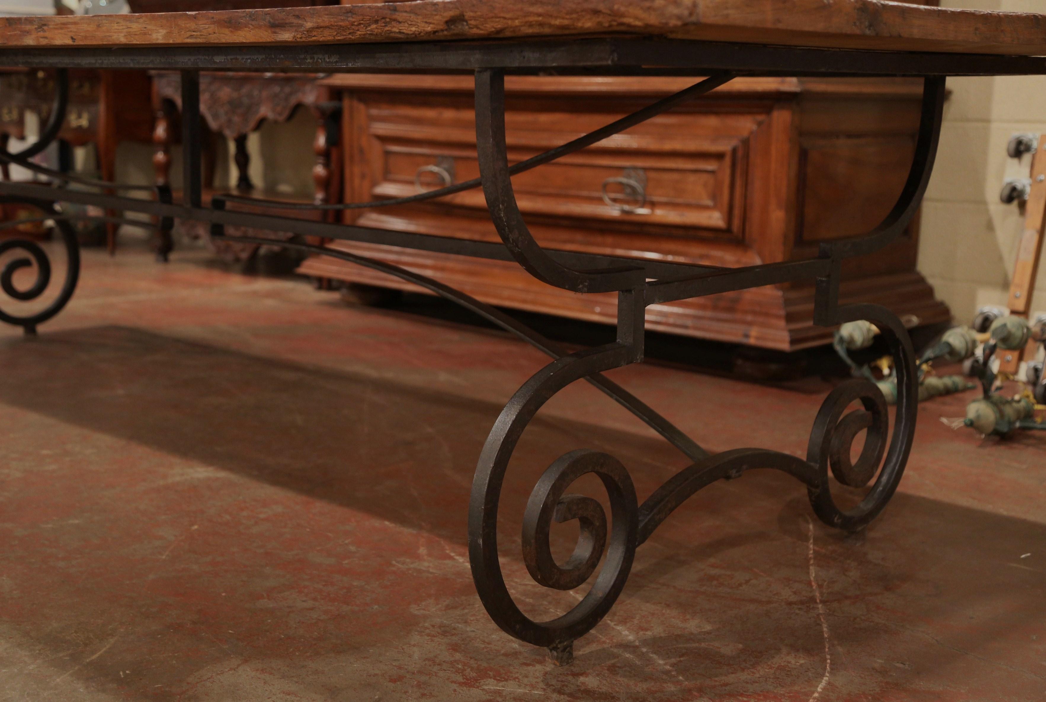 French Chestnut and Slate Dining Room Table on Forged Wrought Iron Base 5