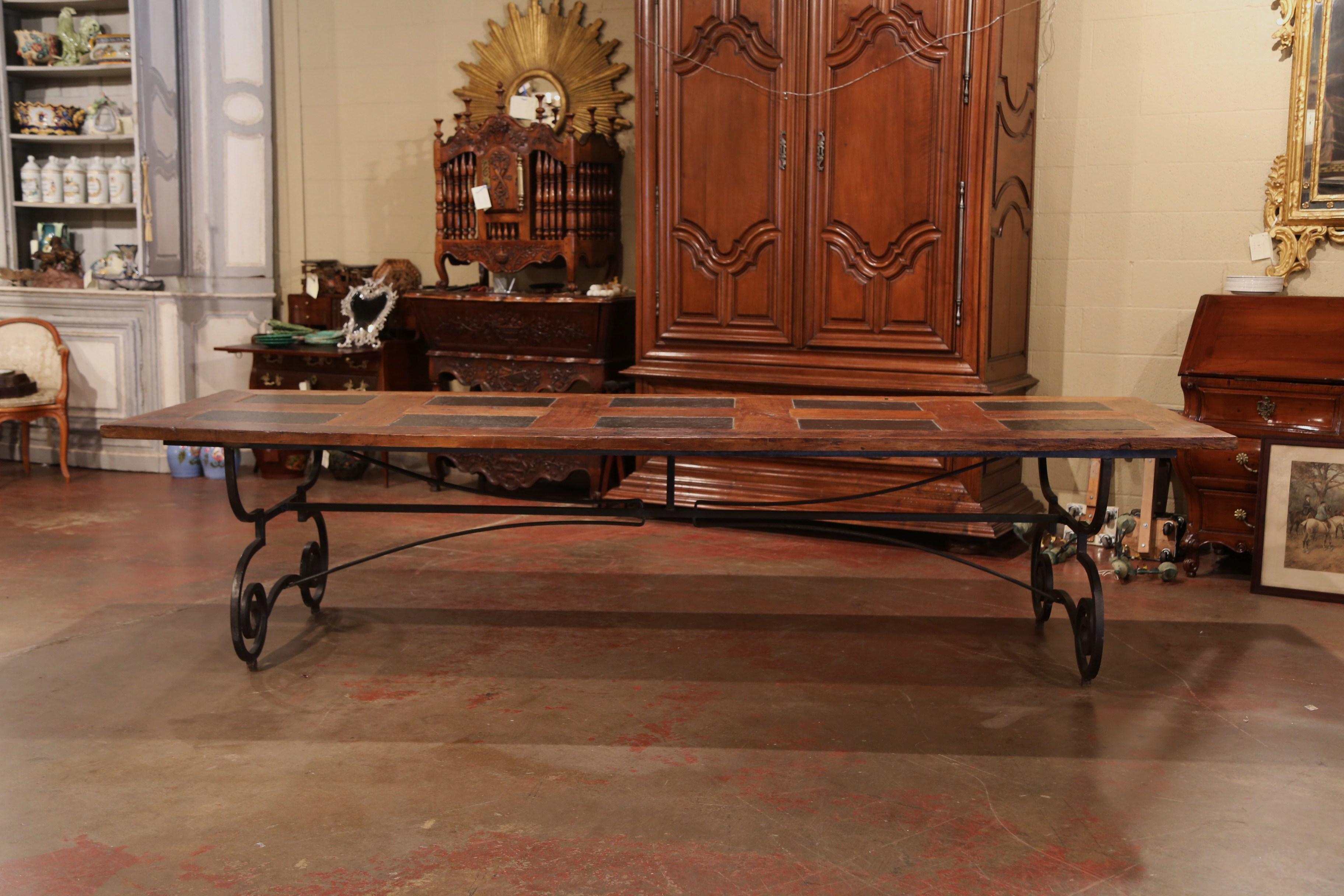 French Chestnut and Slate Dining Room Table on Forged Wrought Iron Base 7