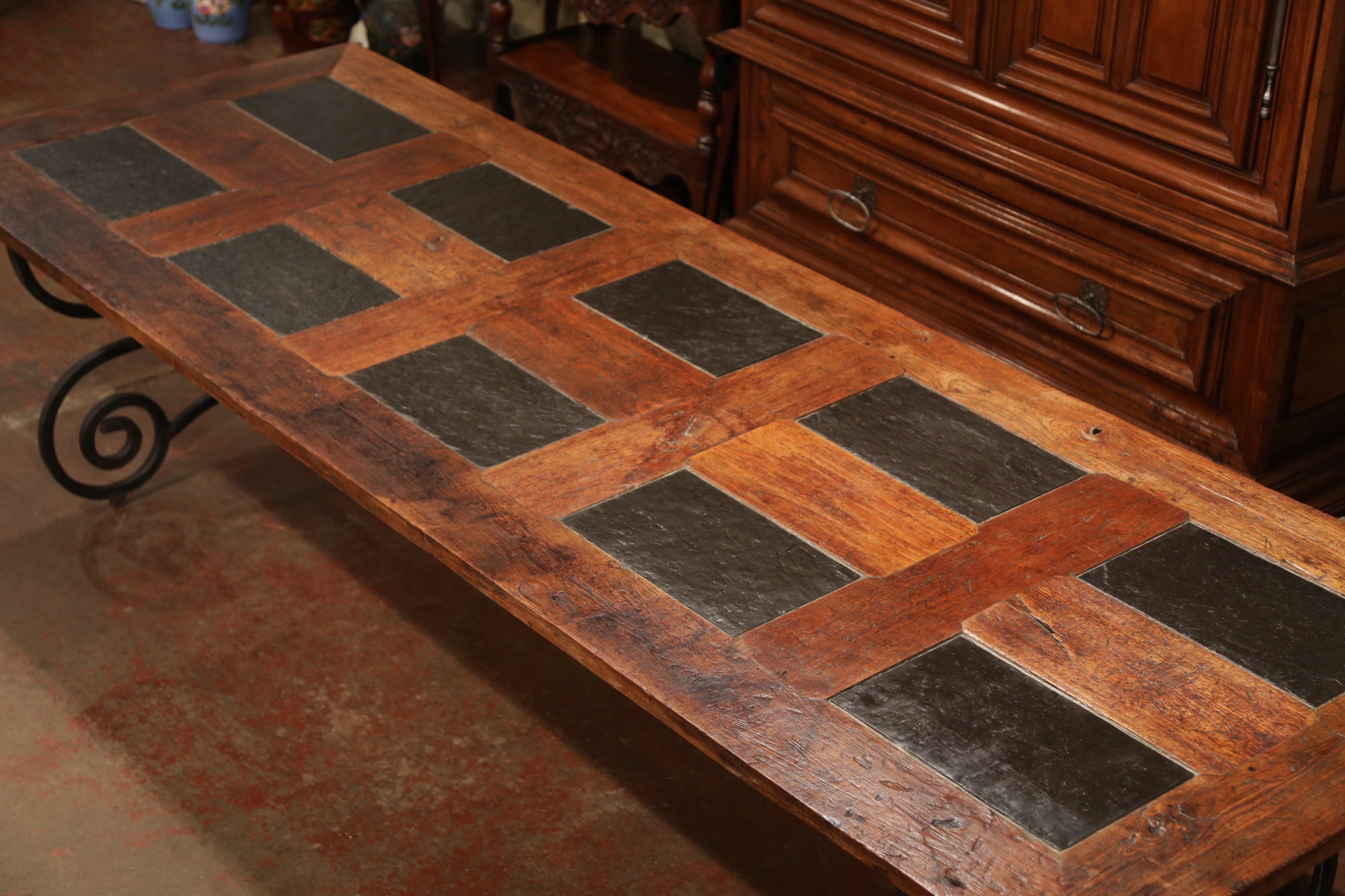 Louis XIII French Chestnut and Slate Dining Room Table on Forged Wrought Iron Base