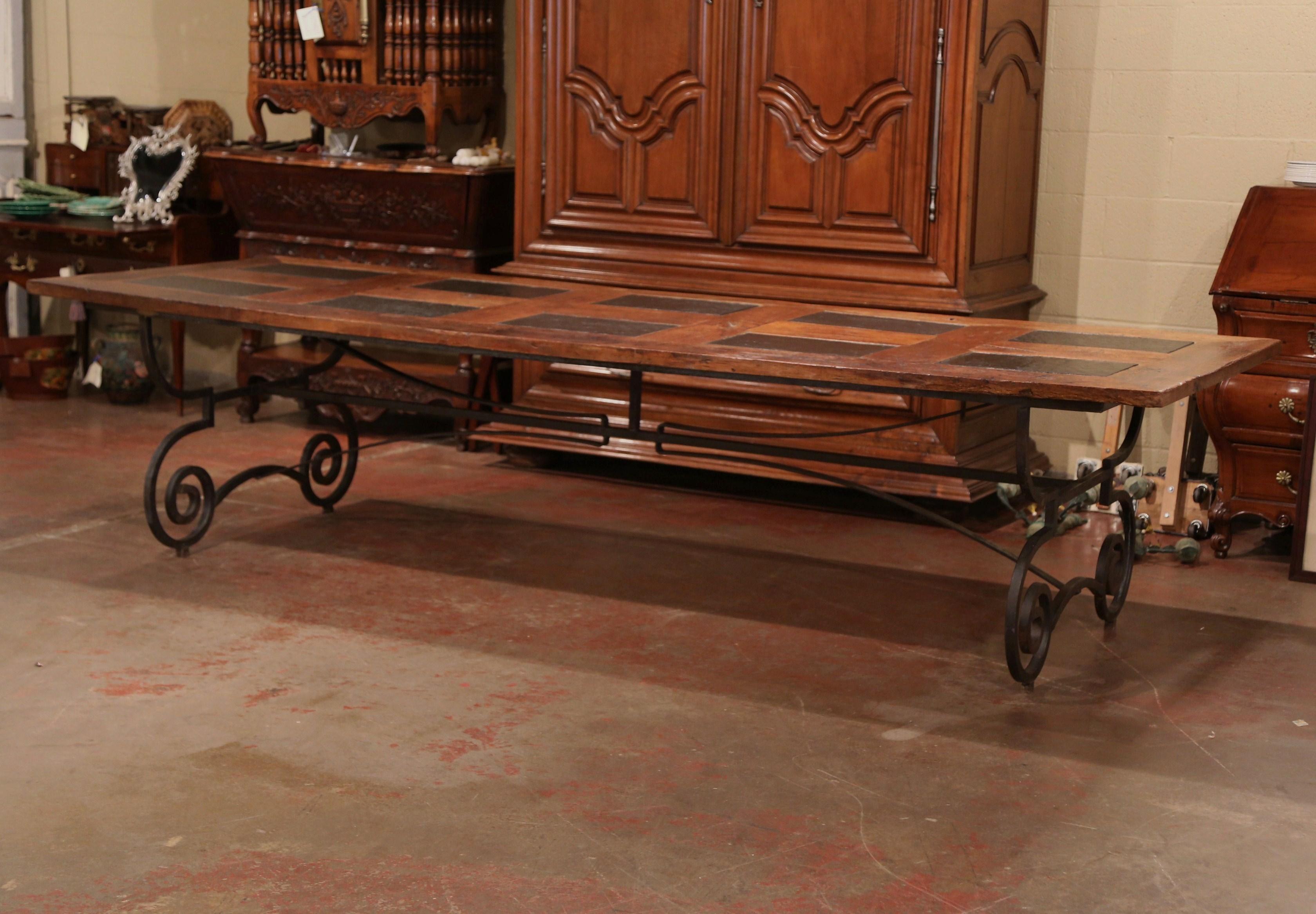 French Chestnut and Slate Dining Room Table on Forged Wrought Iron Base In Excellent Condition In Dallas, TX