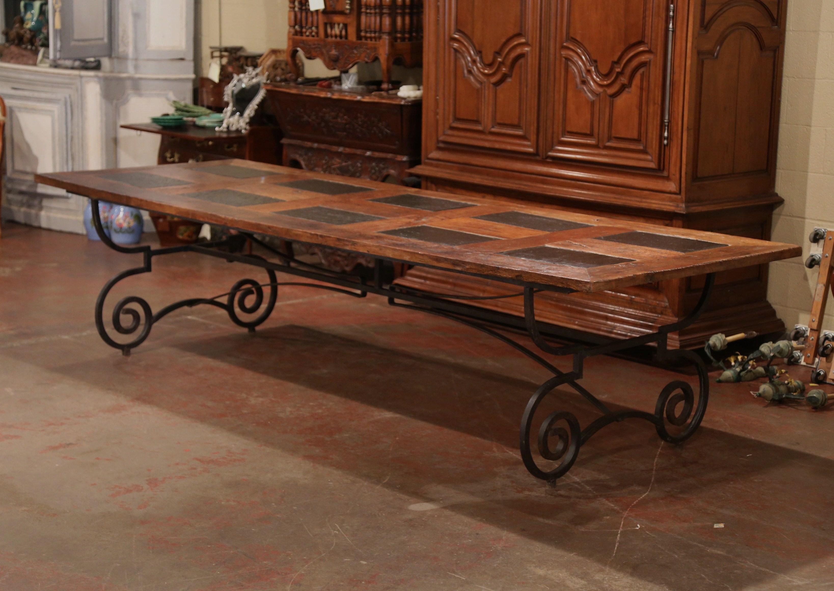 French Chestnut and Slate Dining Room Table on Forged Wrought Iron Base 1
