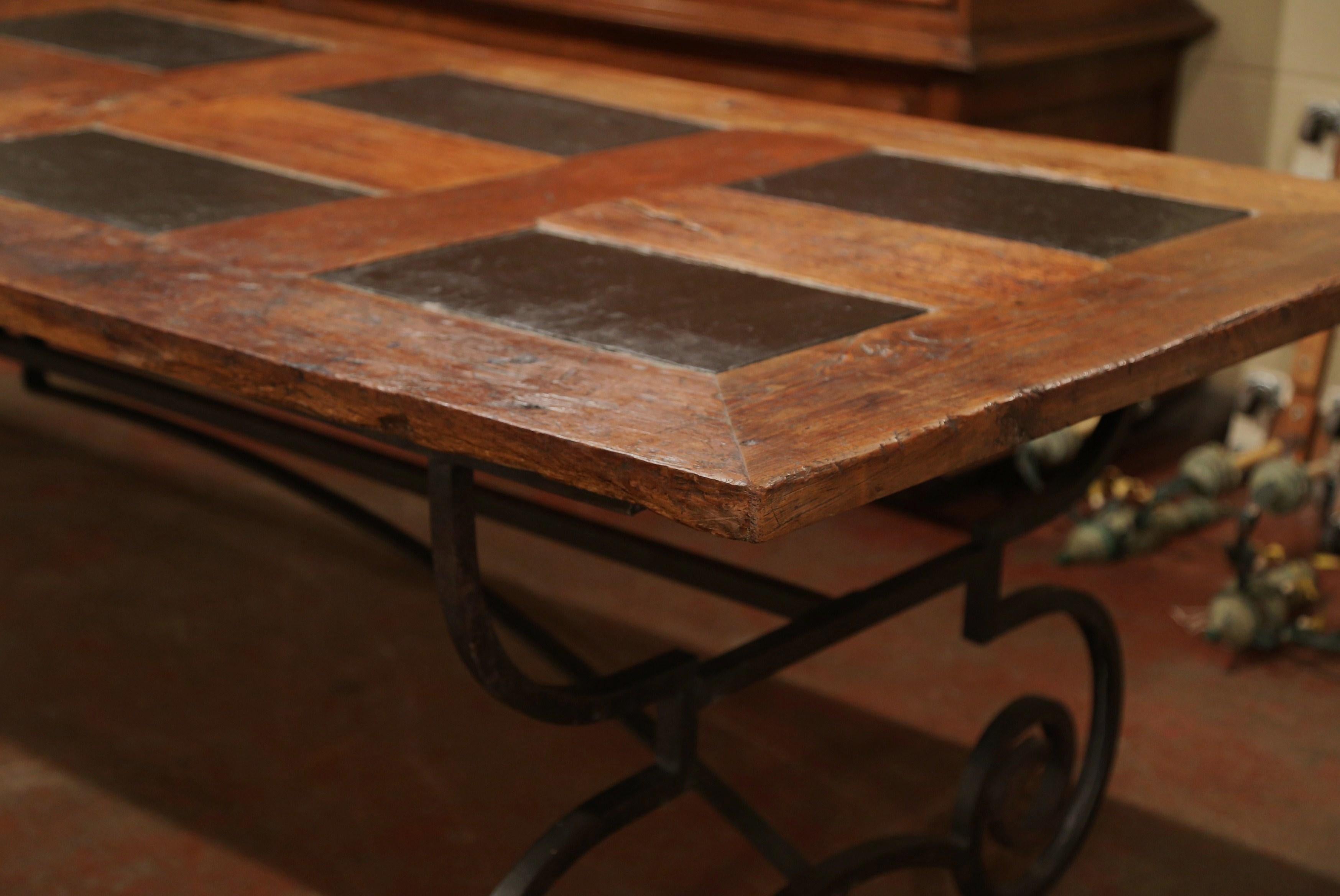 French Chestnut and Slate Dining Room Table on Forged Wrought Iron Base 3
