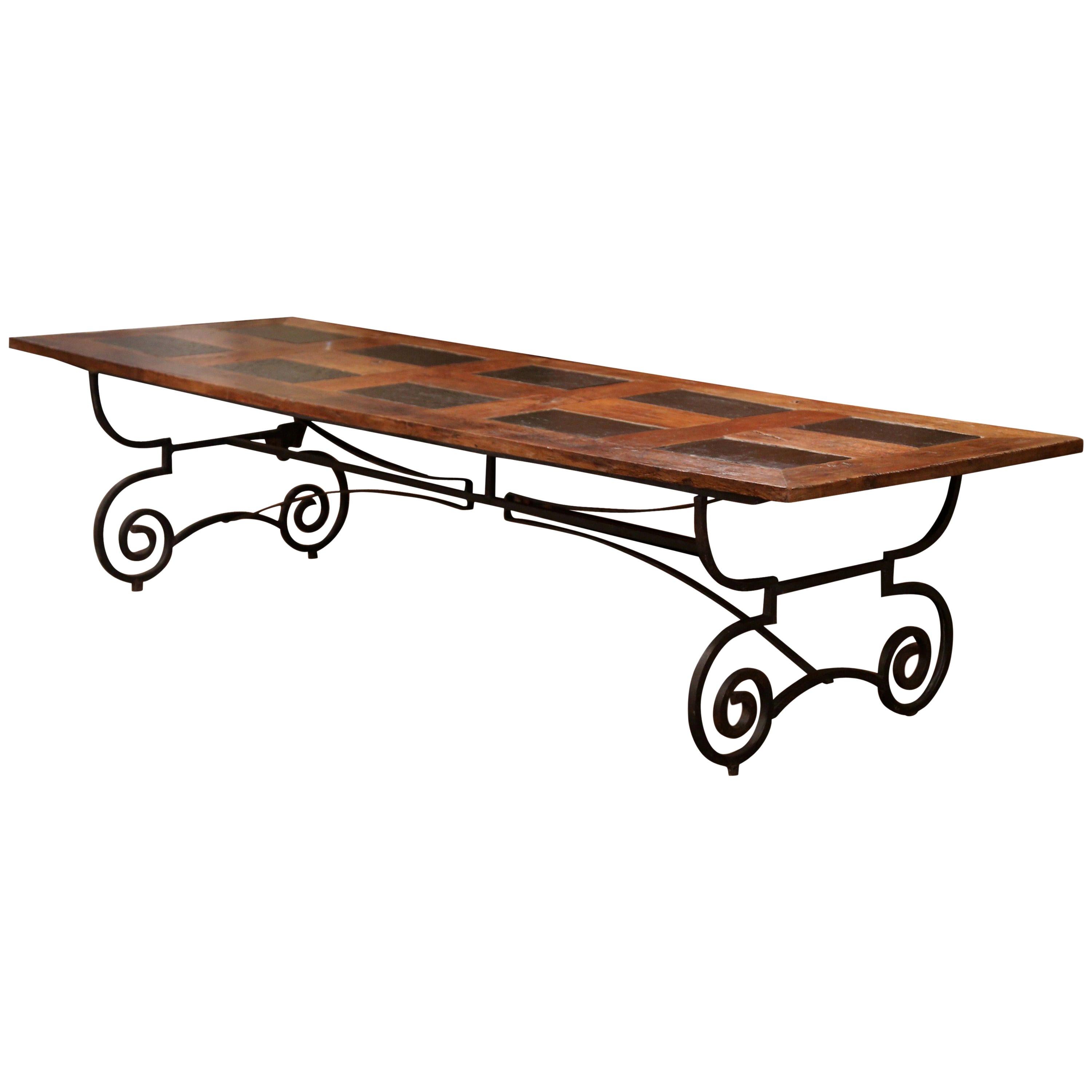 French Chestnut and Slate Dining Room Table on Forged Wrought Iron Base
