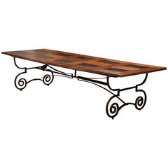 Antique French Chestnut and Slate Dining Room Table on Forged Wrought Iron Base