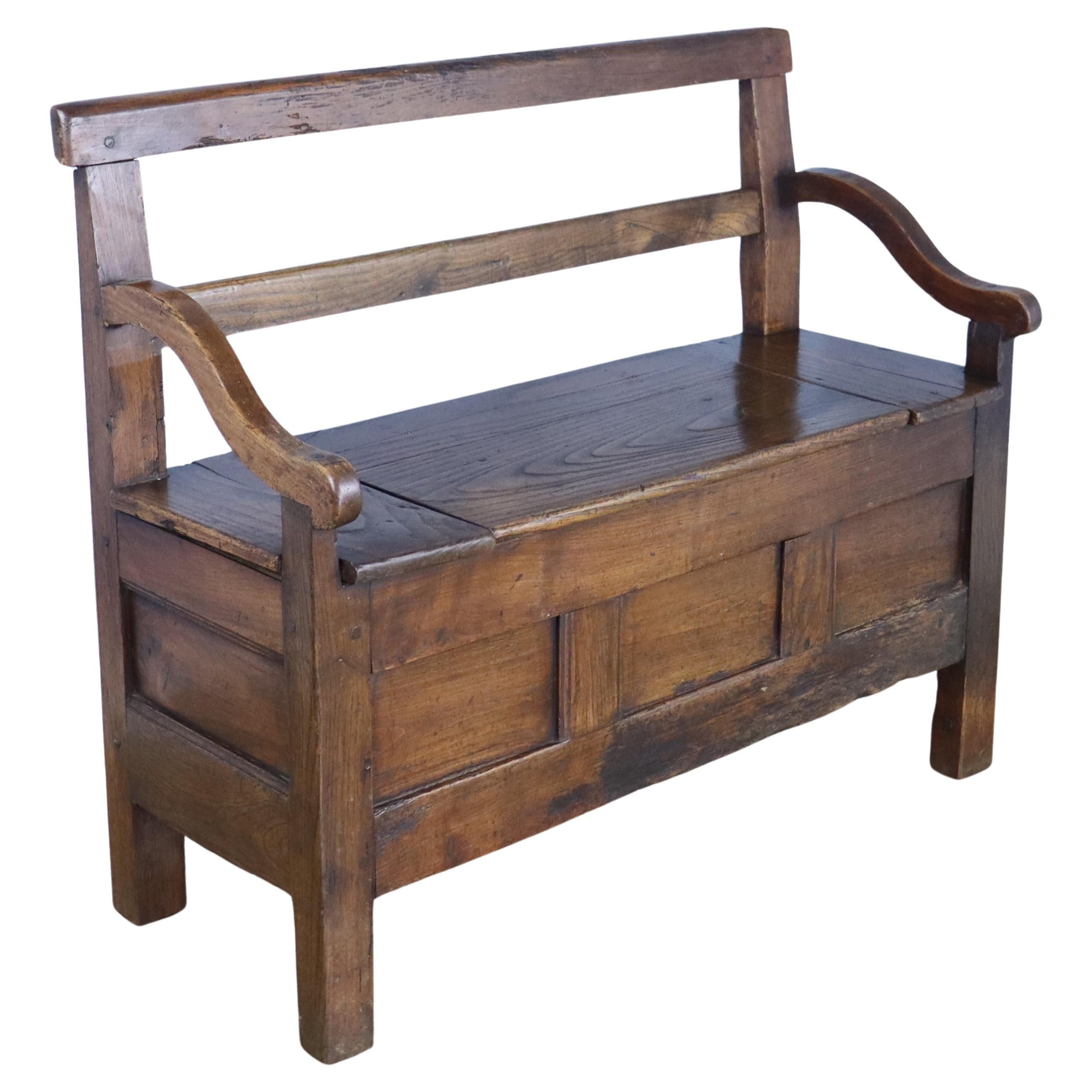 French Chestnut Seat with Lift Lid and Graceful Arms For Sale