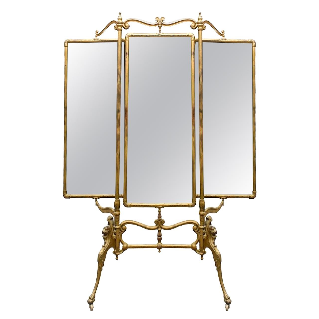 French Cheval Gilt Beveled Triple Dressing Mirror