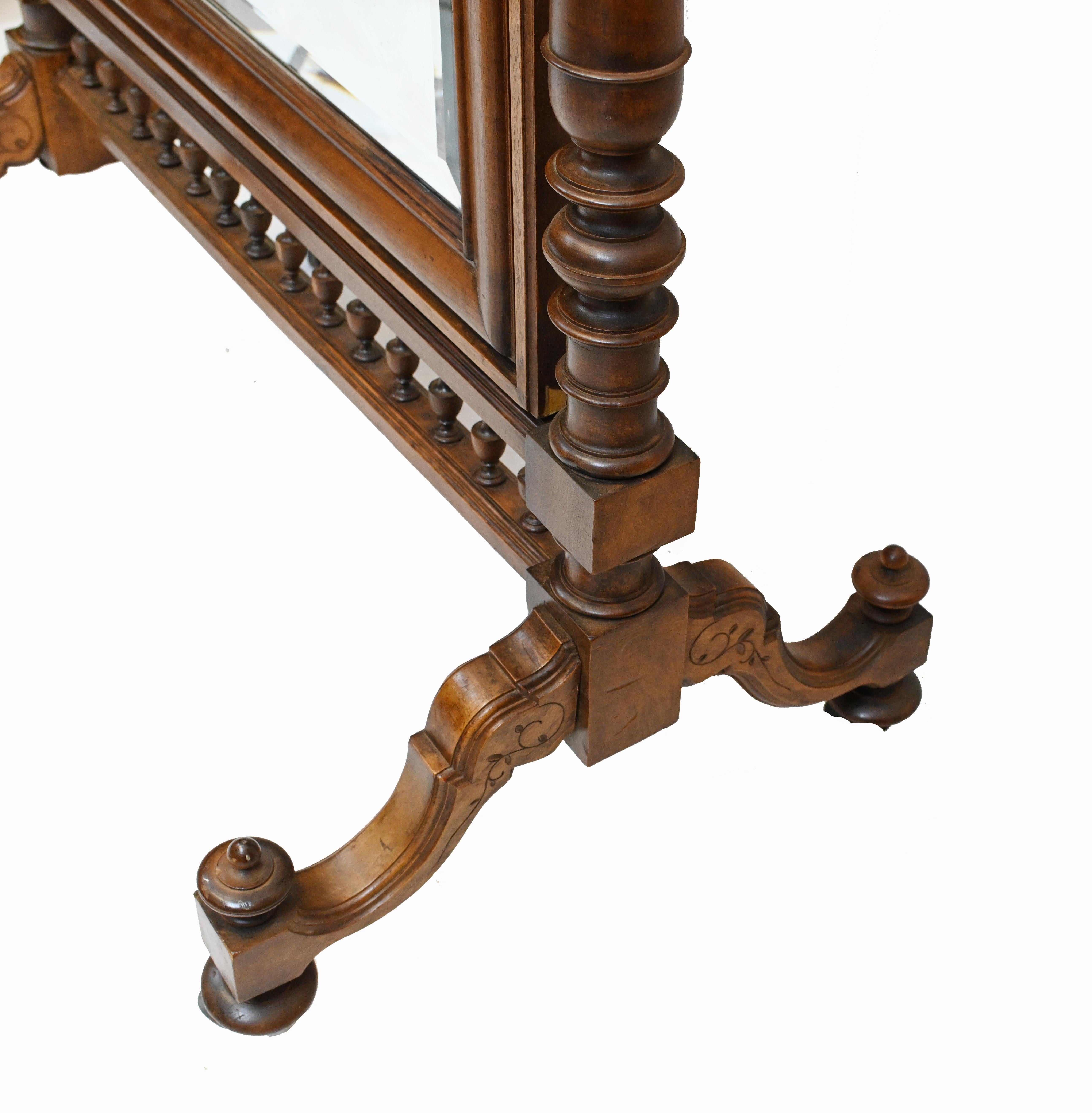 French Cheval Mirror Dressing Carved Walnut Cherub, 1860 6