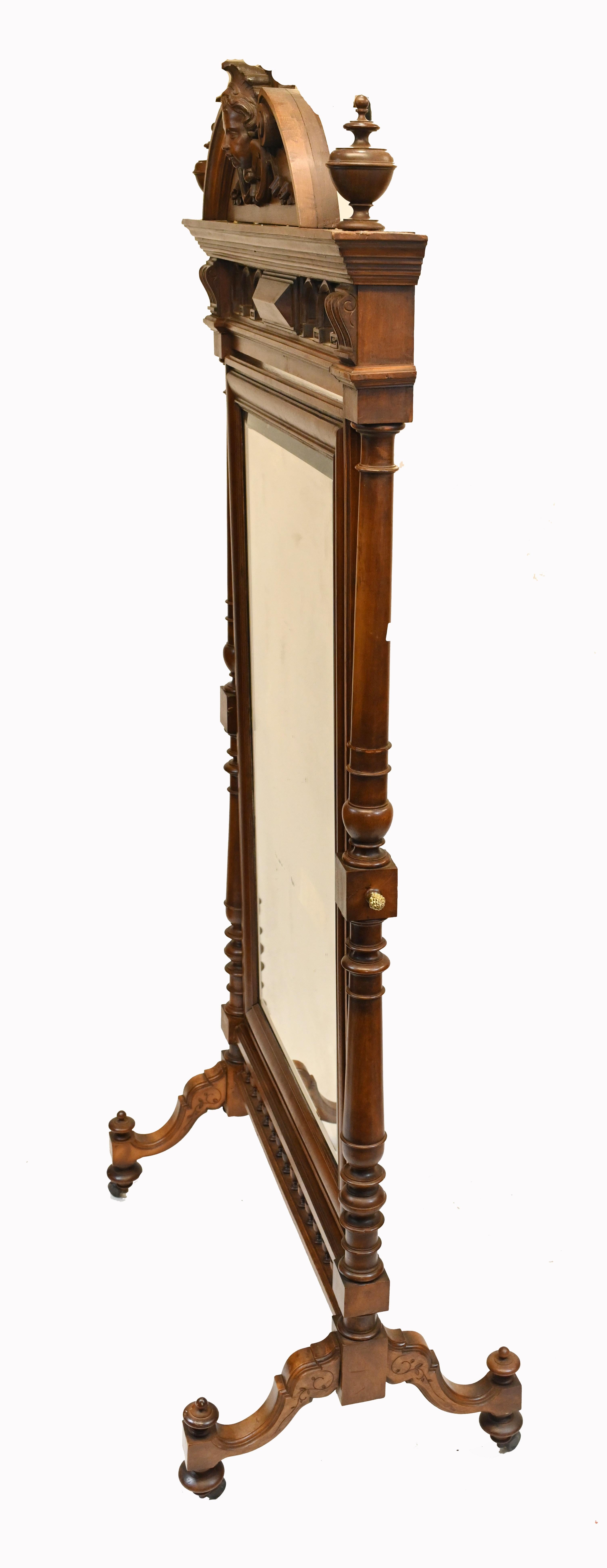 French Cheval Mirror Dressing Carved Walnut Cherub, 1860 7