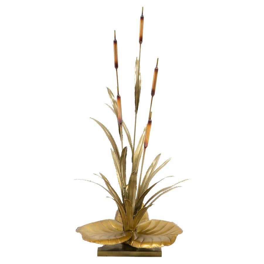 French Chic Brass Reed Table Lamp by Maison Jansen, 1970s For Sale
