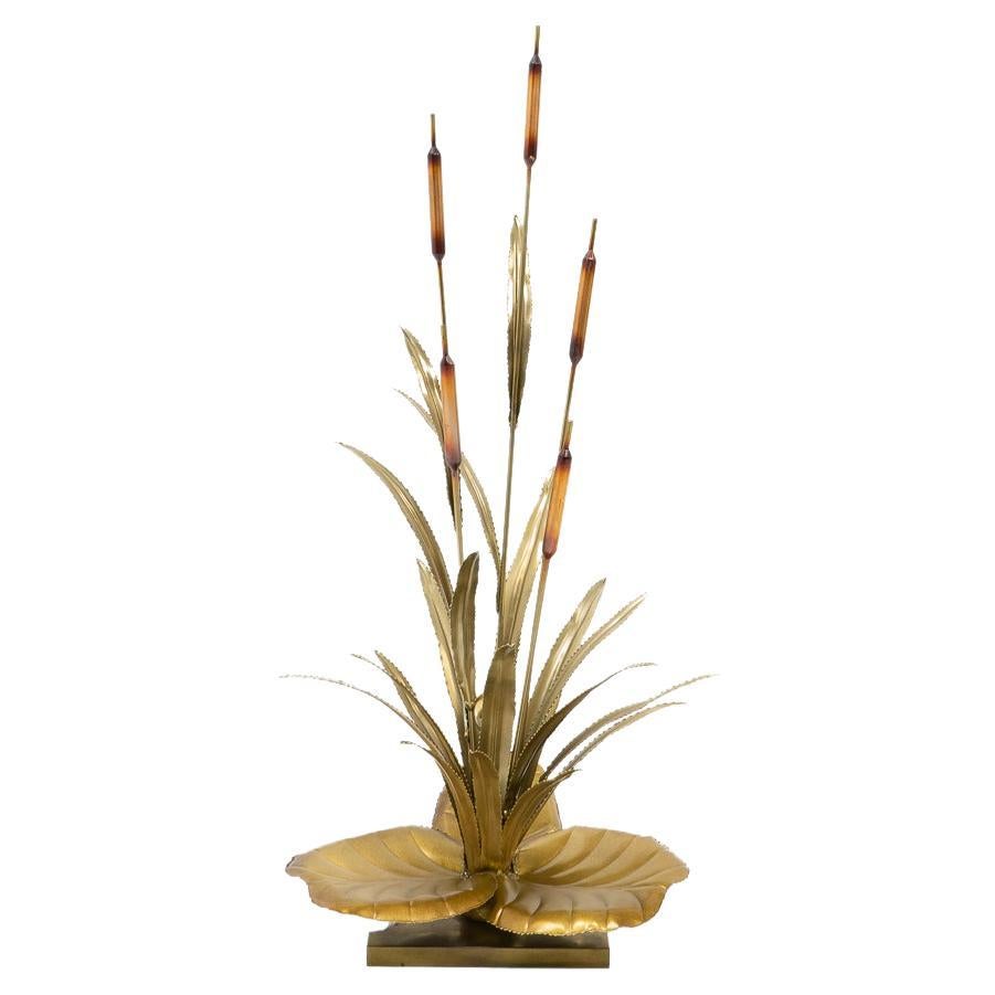 French Chic Brass Reed Table Lamp by Maison Jansen, 1970s