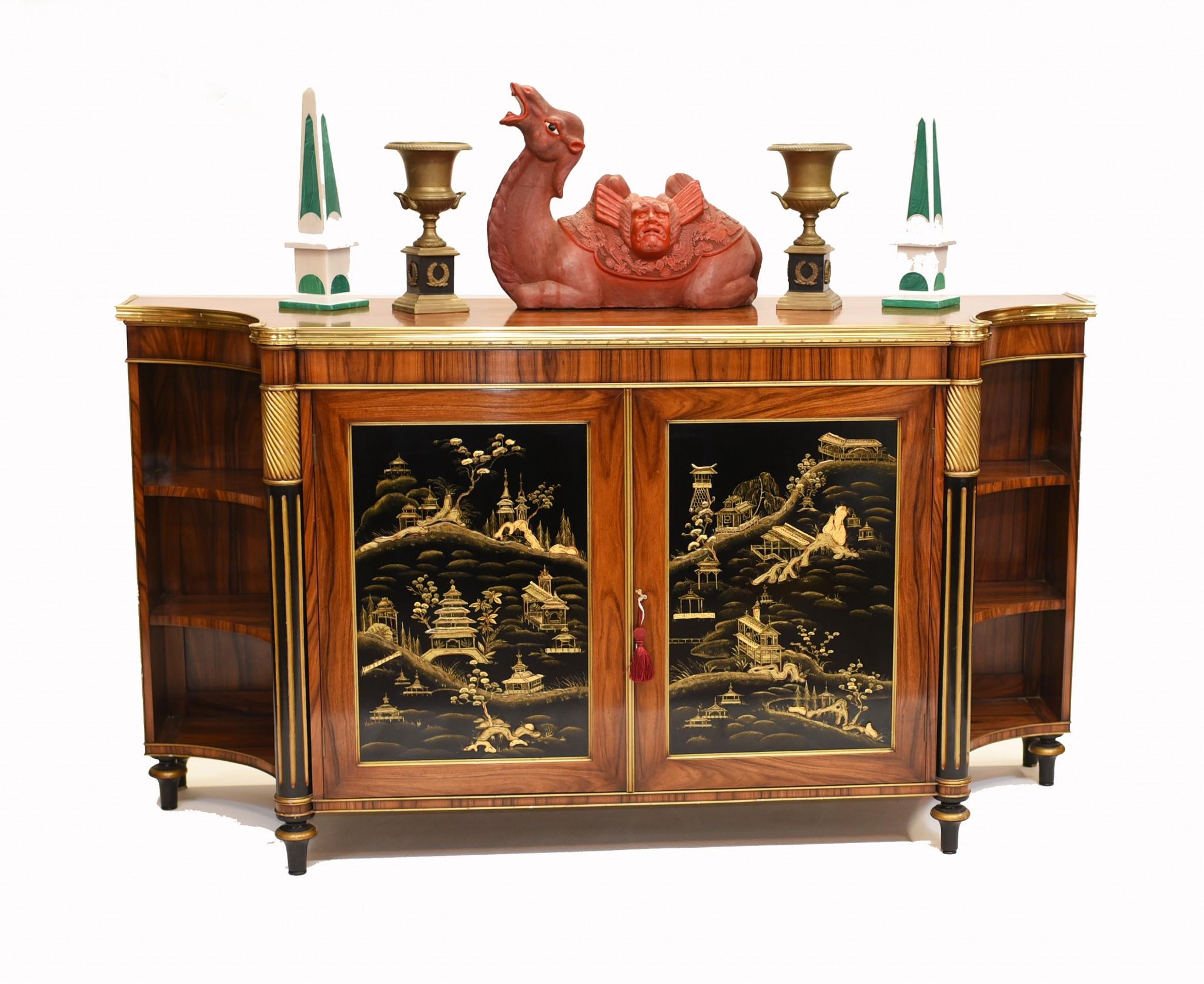 - You are viewing a gorgeous French antique Regency chiffonier - or sideboard
- The piece has been crafted from rosewood with original ormolu fixtures
- Of course the main feature is perhaps the door panels decorated with ornate Chinoiserie
- This