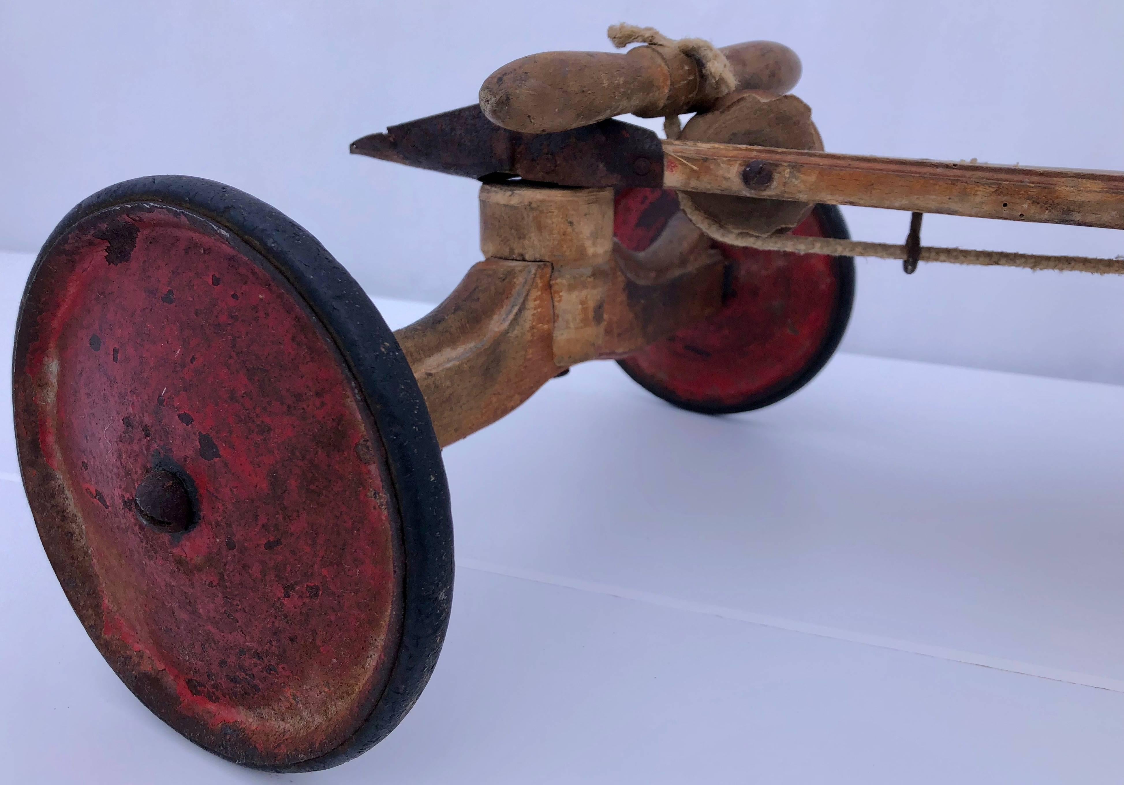 Early 20th Century French Child's Antique Four Wheel Wood Vehicle with Sliding Seat, 1920s For Sale