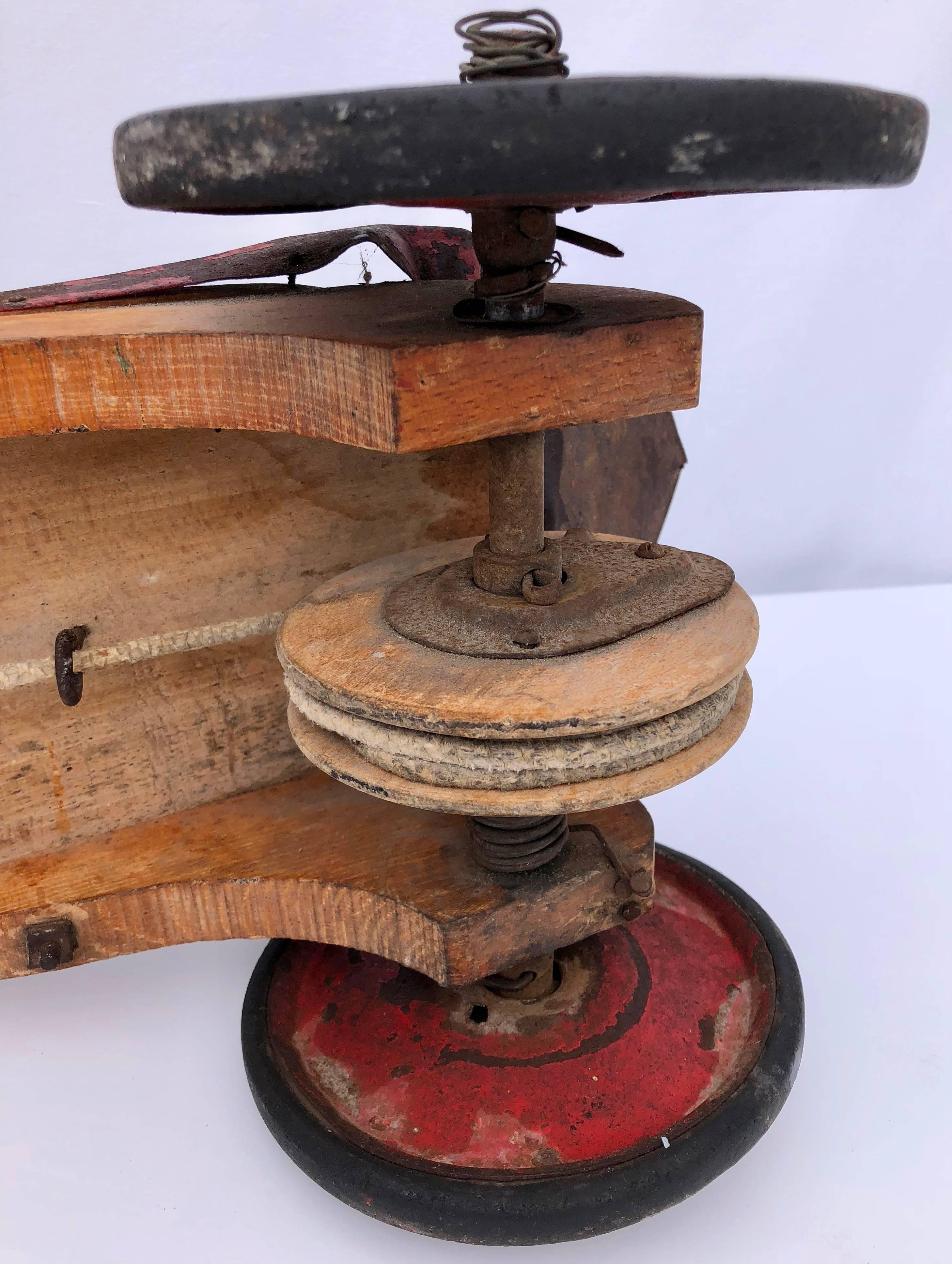 French Child's Antique Four Wheel Wood Vehicle with Sliding Seat, 1920s For Sale 2