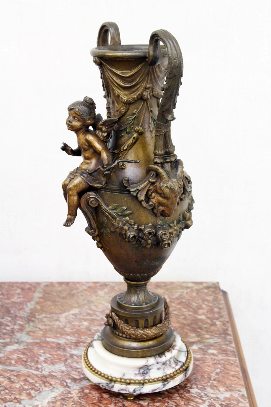 Early 20th Century French Chimney Clock Table Clock with Vases Marble Bronze Angels For Sale