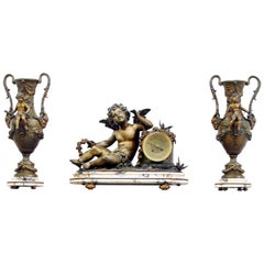 French Chimney Clock Table Clock with Vases Marble Bronze Angels