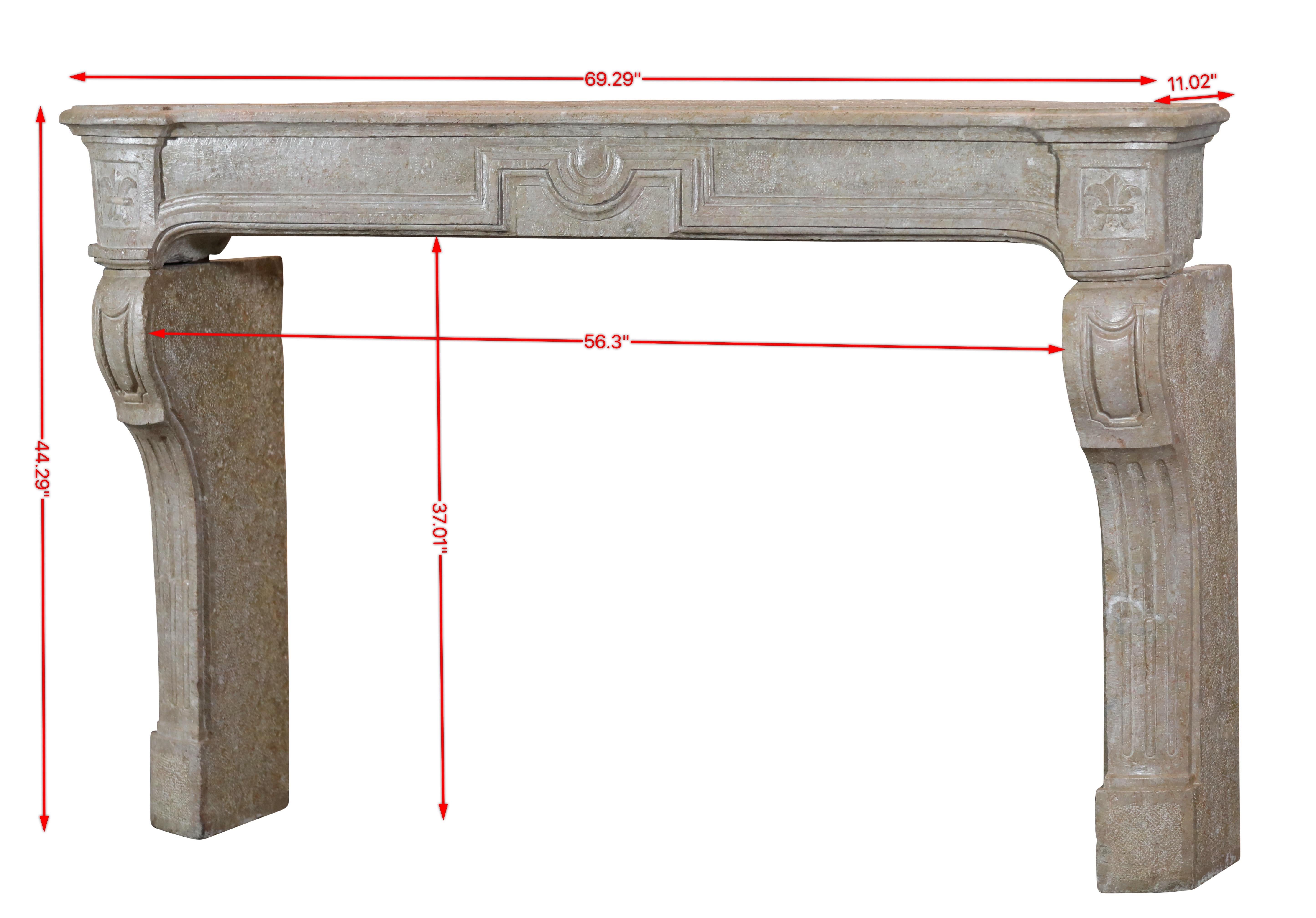 Unique timeless French limestone fireplace surround with beautiful Fleur de Lys details on the fronton. 
Measurements:
176 cm Exterior Width 69,29 Inch
112,5 cm Exterior Height 44,29 Inch
143 cm Interior Width 56,30 Inch
94 cm Interior Height 37,01