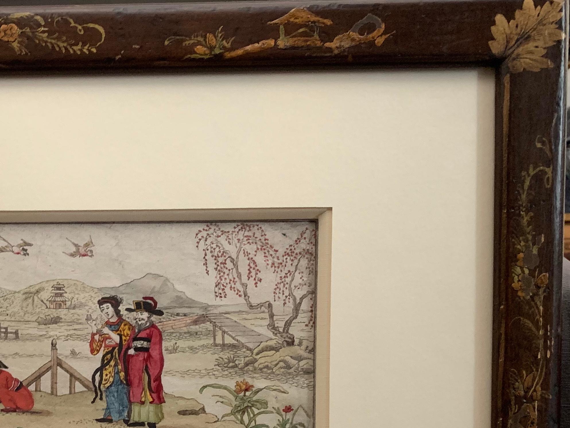 French chinoiserie scene. Early hand-drawn and colored cartoon scene, in the chinoiserie style with figures in antique pink Oriental dress in landscape with birds and flowering trees in vintage lacquered chinoiserie frame. France, early