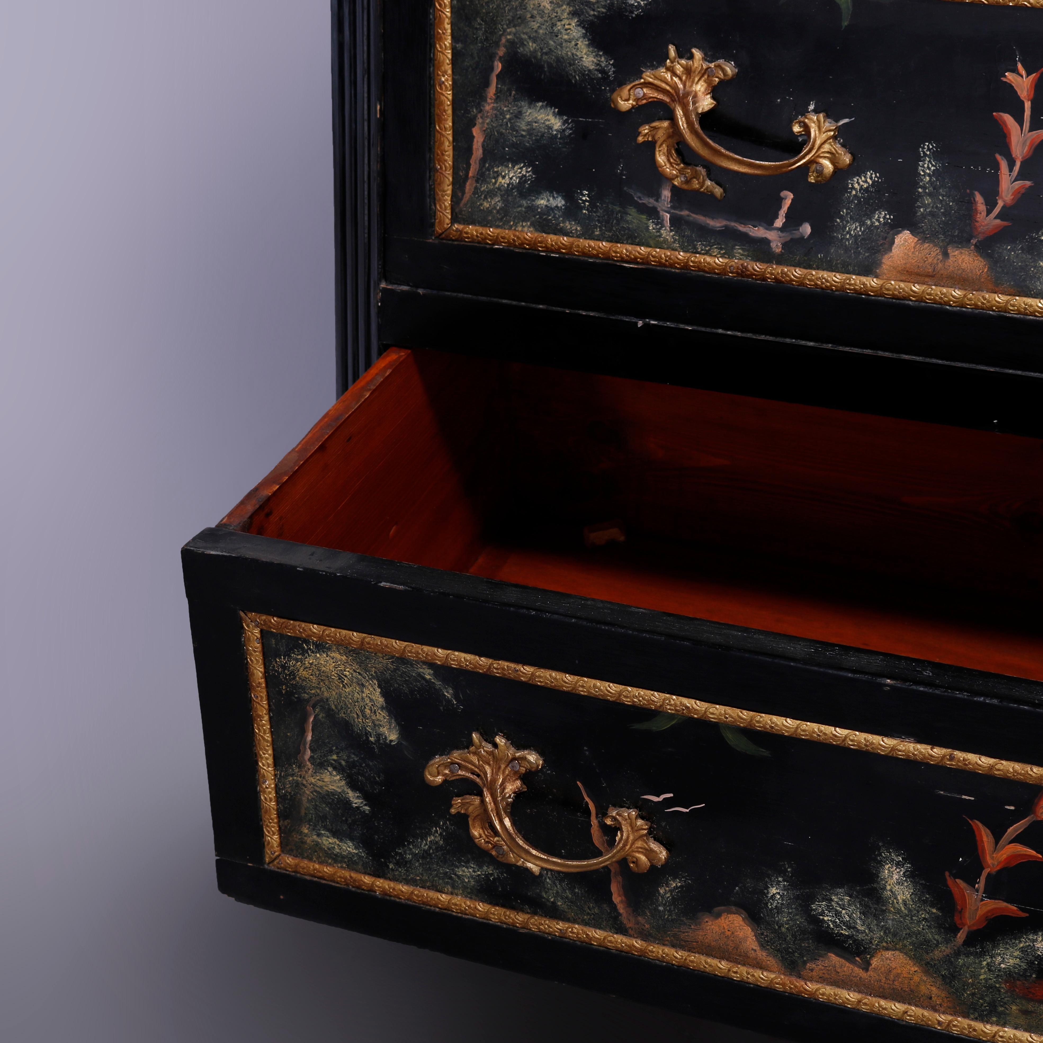 French Chinoiserie Decorated & Ebonized Marble Top Chest of Drawers, 20th C 4