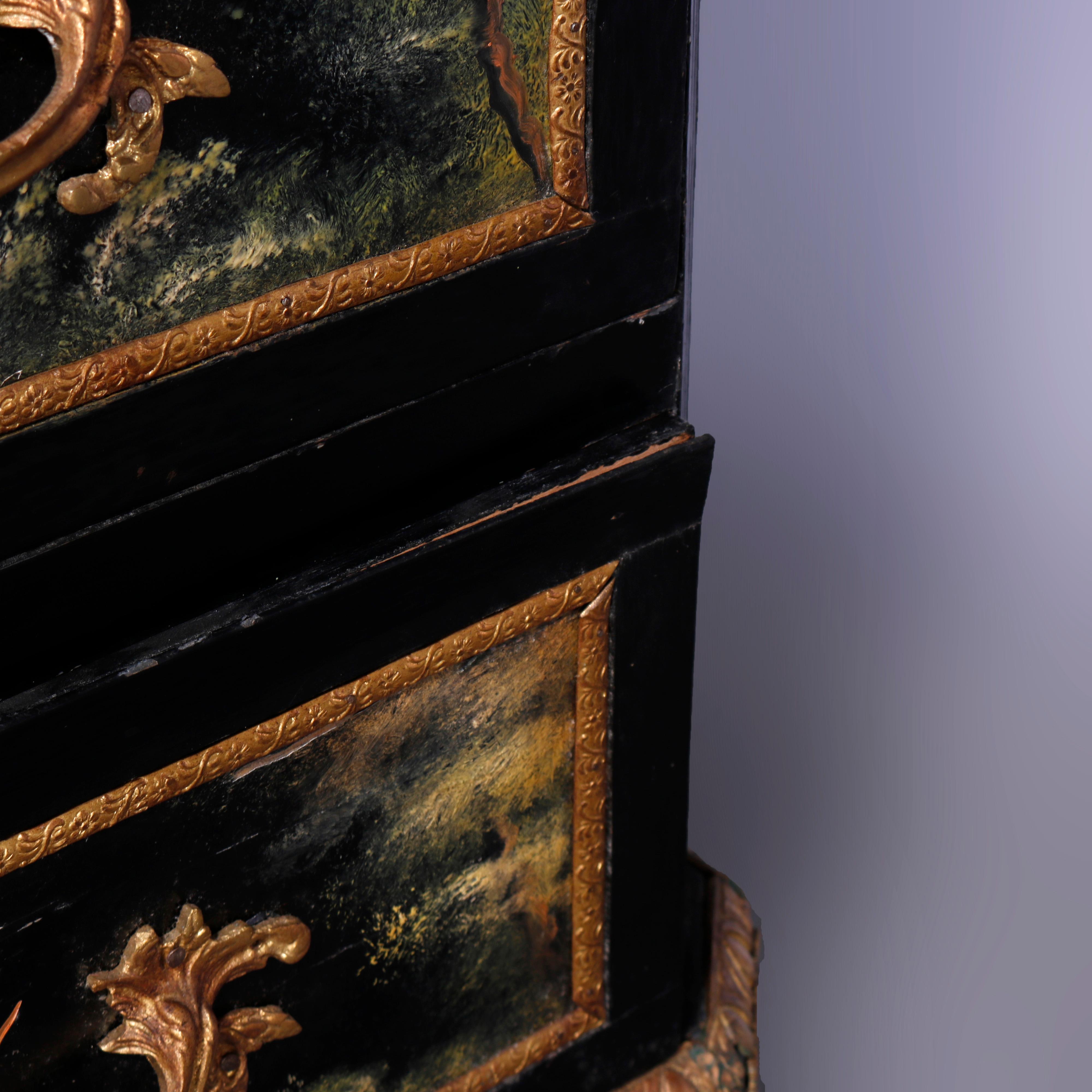 French Chinoiserie Decorated & Ebonized Marble Top Chest of Drawers, 20th C 5