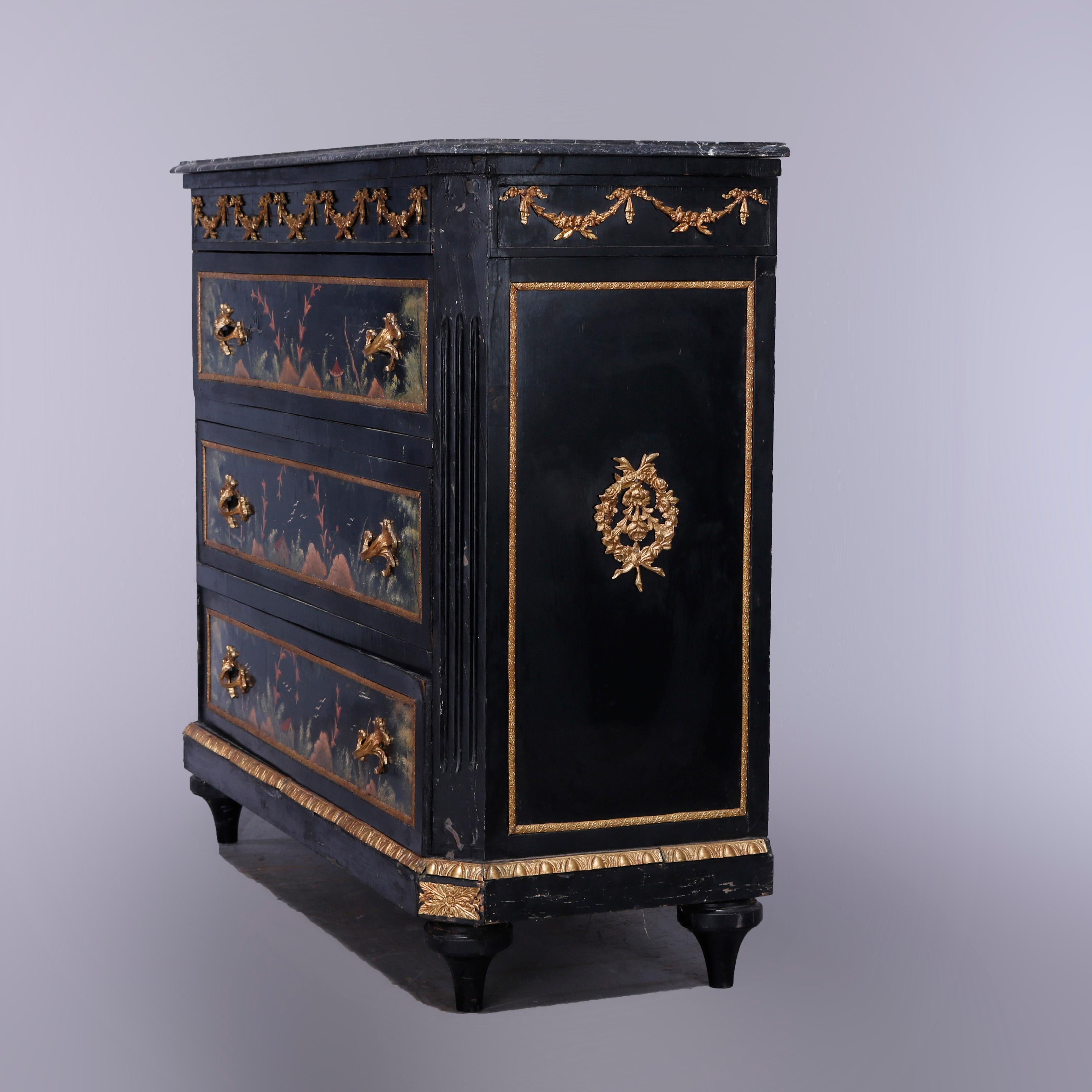 French Chinoiserie Decorated & Ebonized Marble Top Chest of Drawers, 20th C 8
