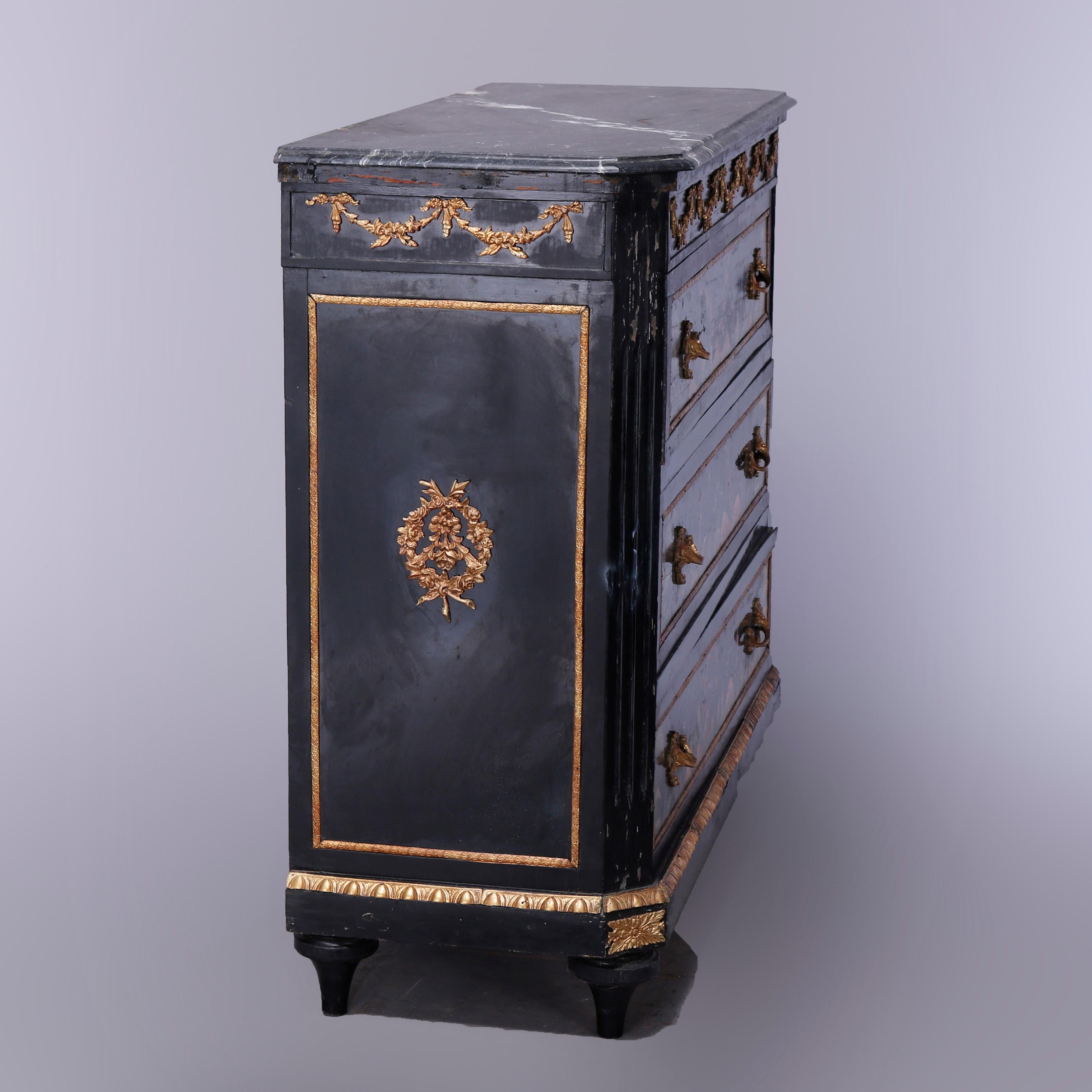 French Chinoiserie Decorated & Ebonized Marble Top Chest of Drawers, 20th C 11