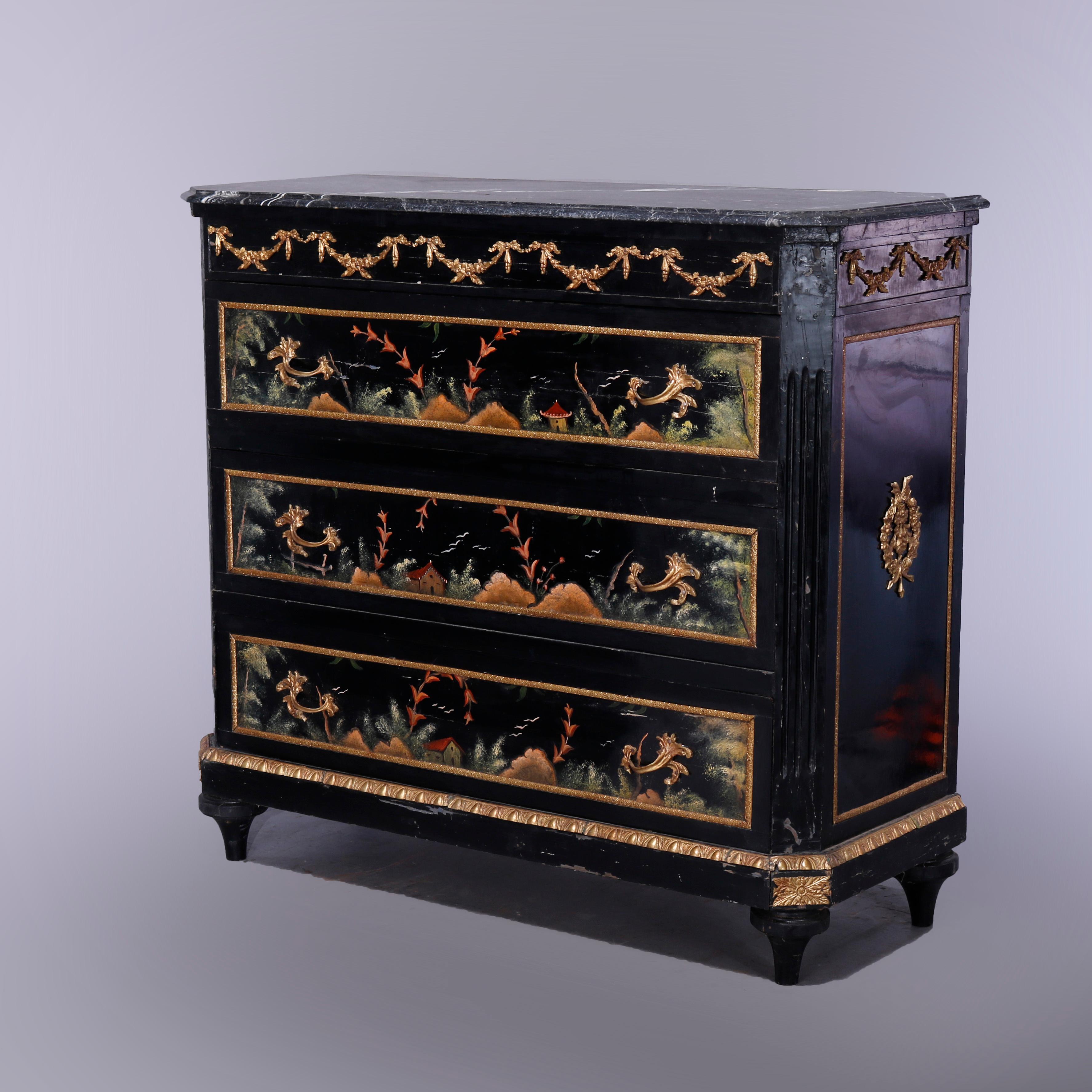 French Chinoiserie Decorated & Ebonized Marble Top Chest of Drawers, 20th C 12