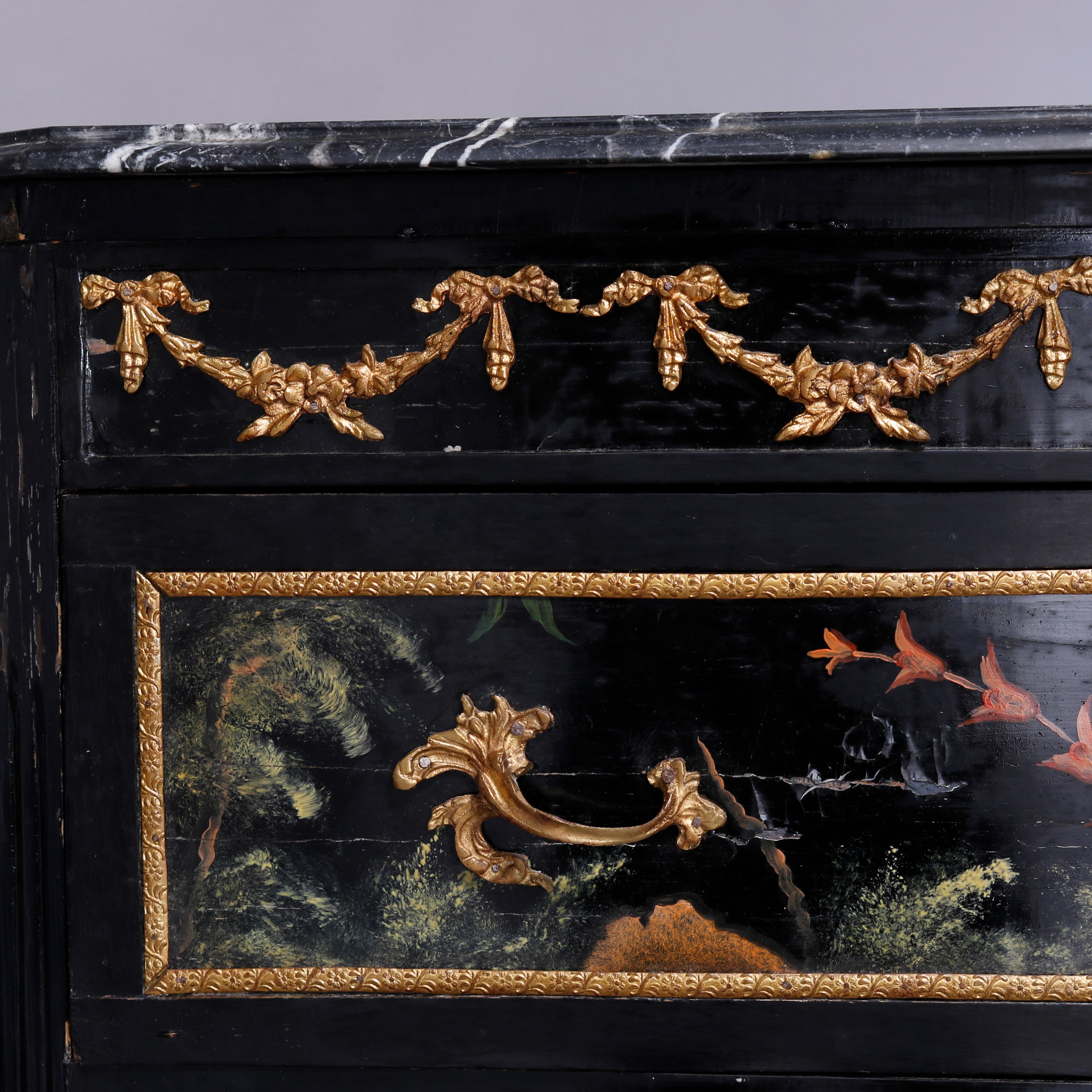 An antique French three drawer dresser offers ebonized clip corner form having marble top over Chinoiserie decoration with landscape and pagodas, foliate cast ormolu, marble top and raised on marseilles bun feet, 20th century

Measures: 43.5