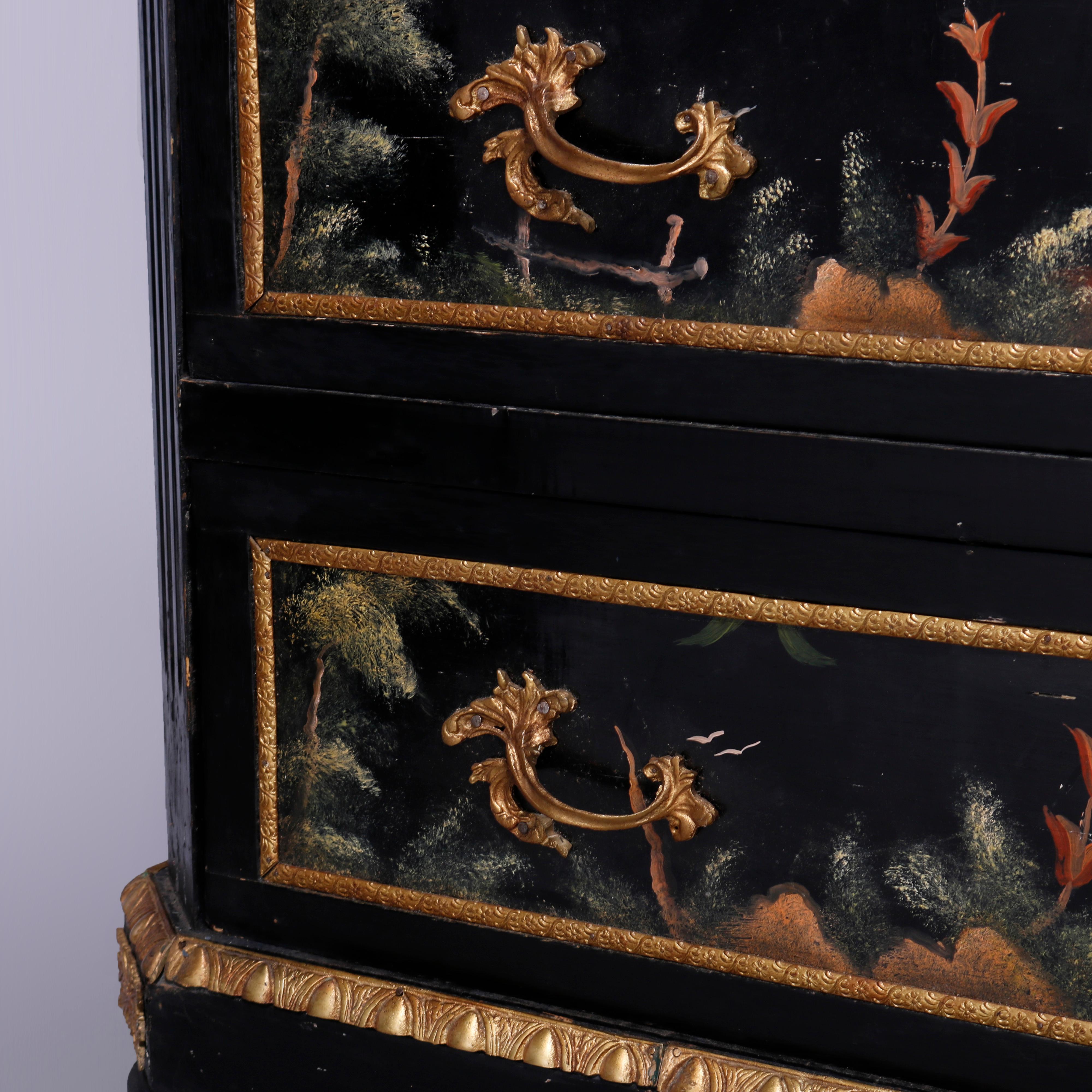 20th Century French Chinoiserie Decorated & Ebonized Marble Top Chest of Drawers, 20th C