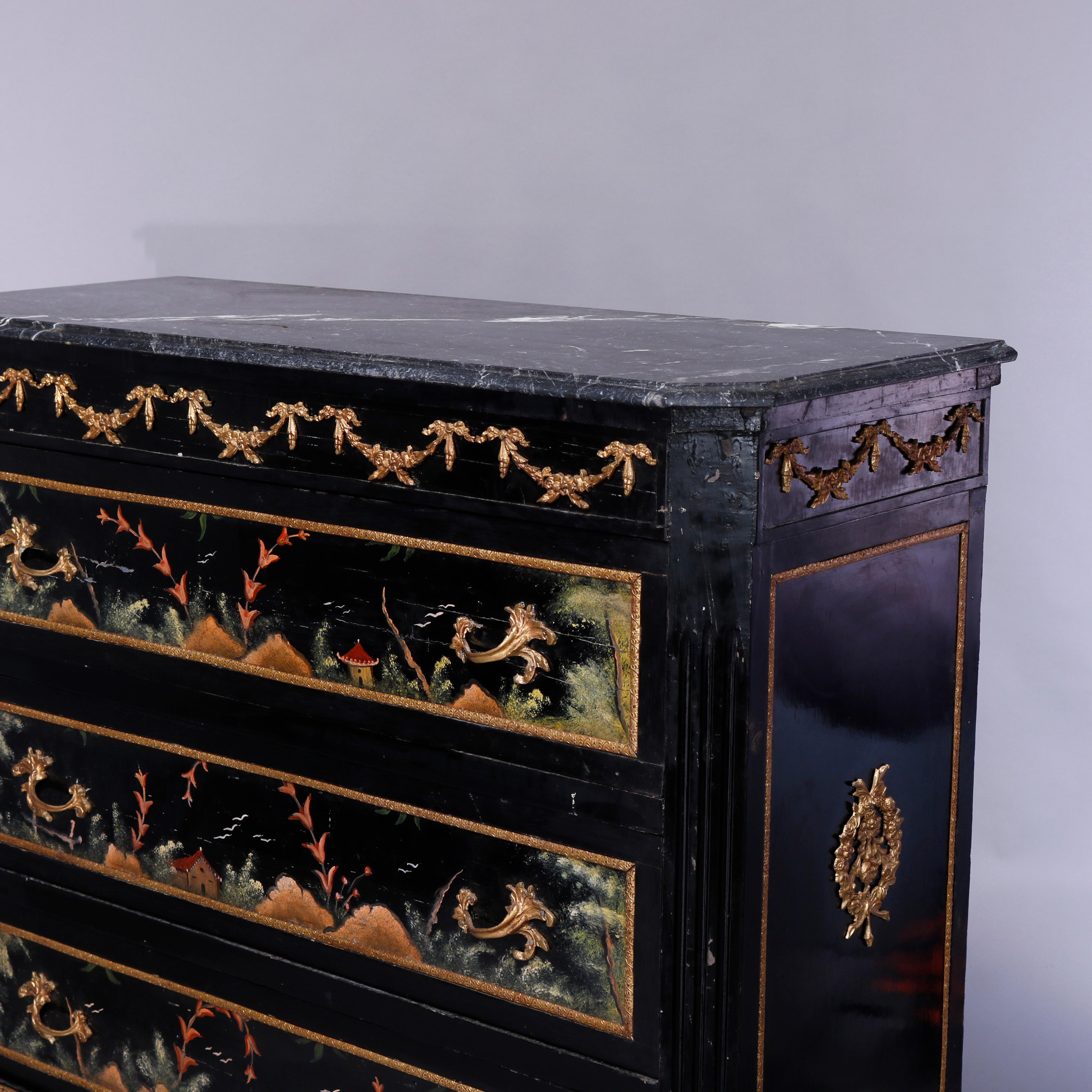 Ormolu French Chinoiserie Decorated & Ebonized Marble Top Chest of Drawers, 20th C