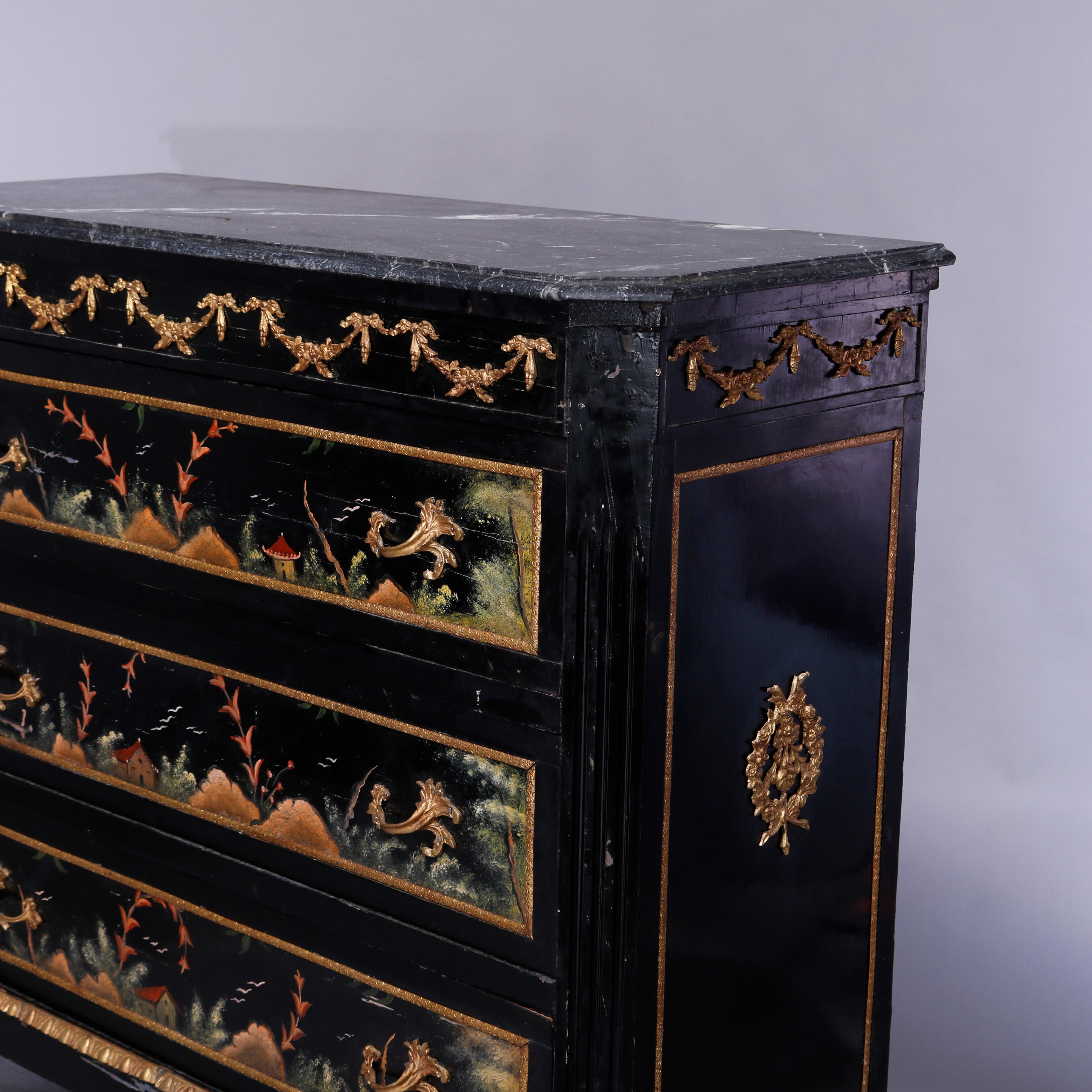 French Chinoiserie Decorated & Ebonized Marble Top Chest of Drawers, 20th C 1