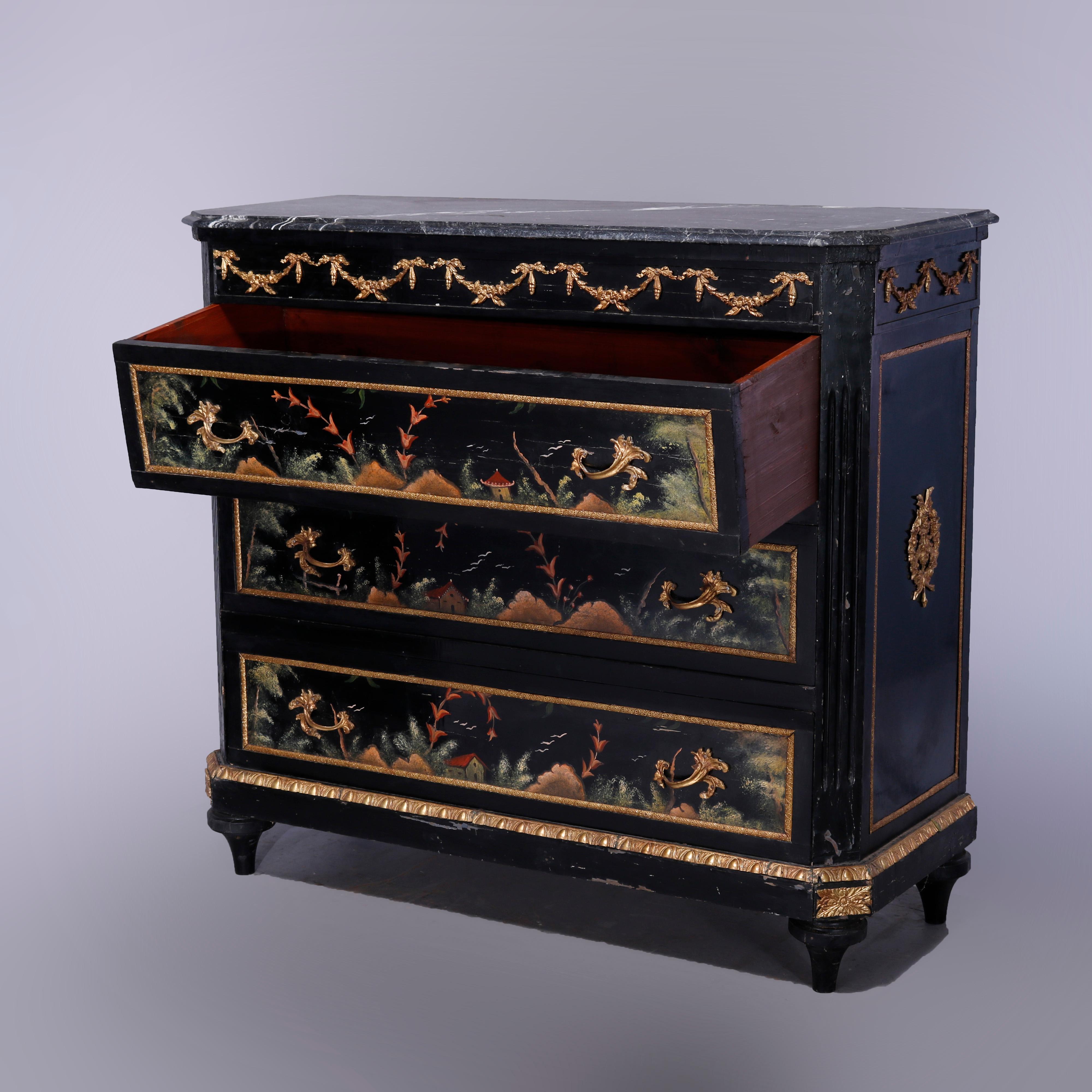 French Chinoiserie Decorated & Ebonized Marble Top Chest of Drawers, 20th C 2