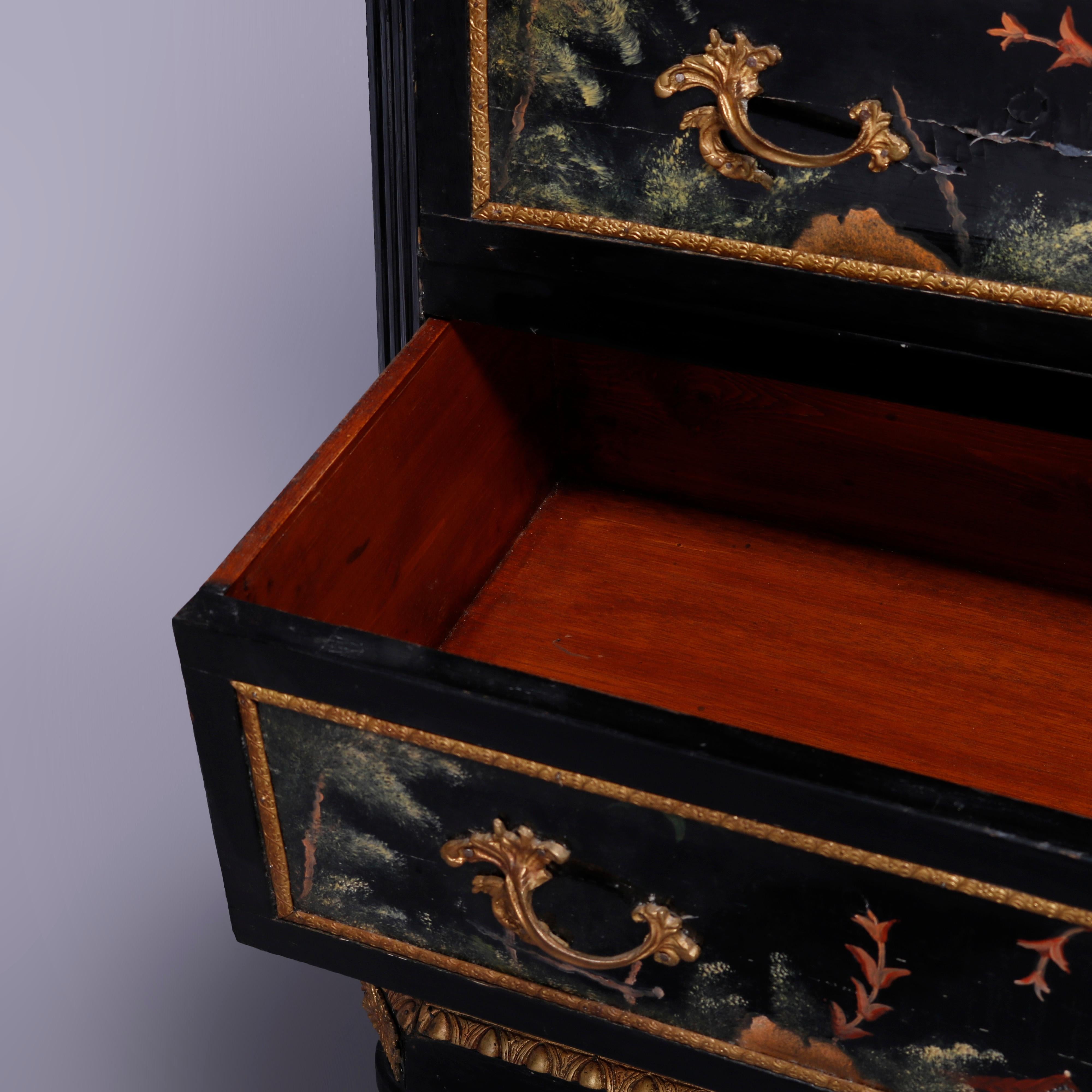 French Chinoiserie Decorated & Ebonized Marble Top Chest of Drawers, 20th C 3