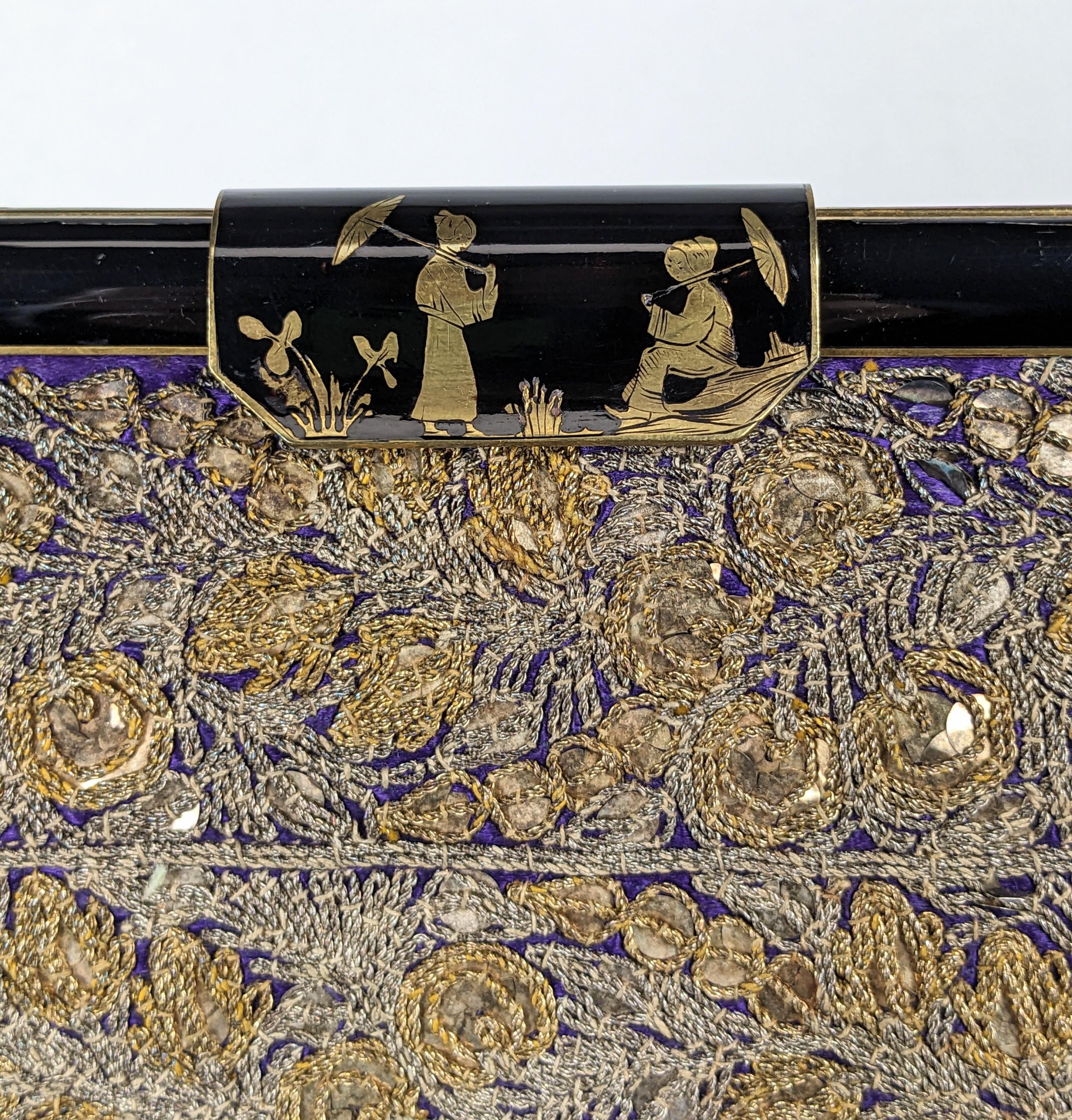 French Chinoiserie Enamel Embroidered Sequin Clutch In Excellent Condition For Sale In New York, NY