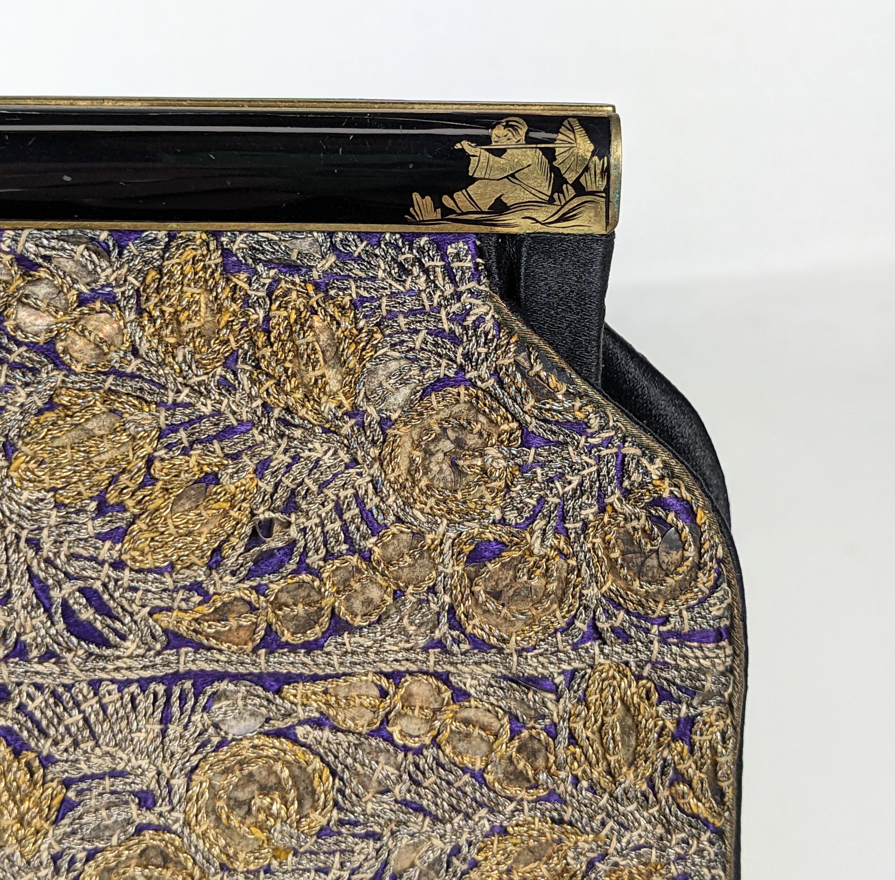 French Chinoiserie Enamel Embroidered Sequin Clutch For Sale 1