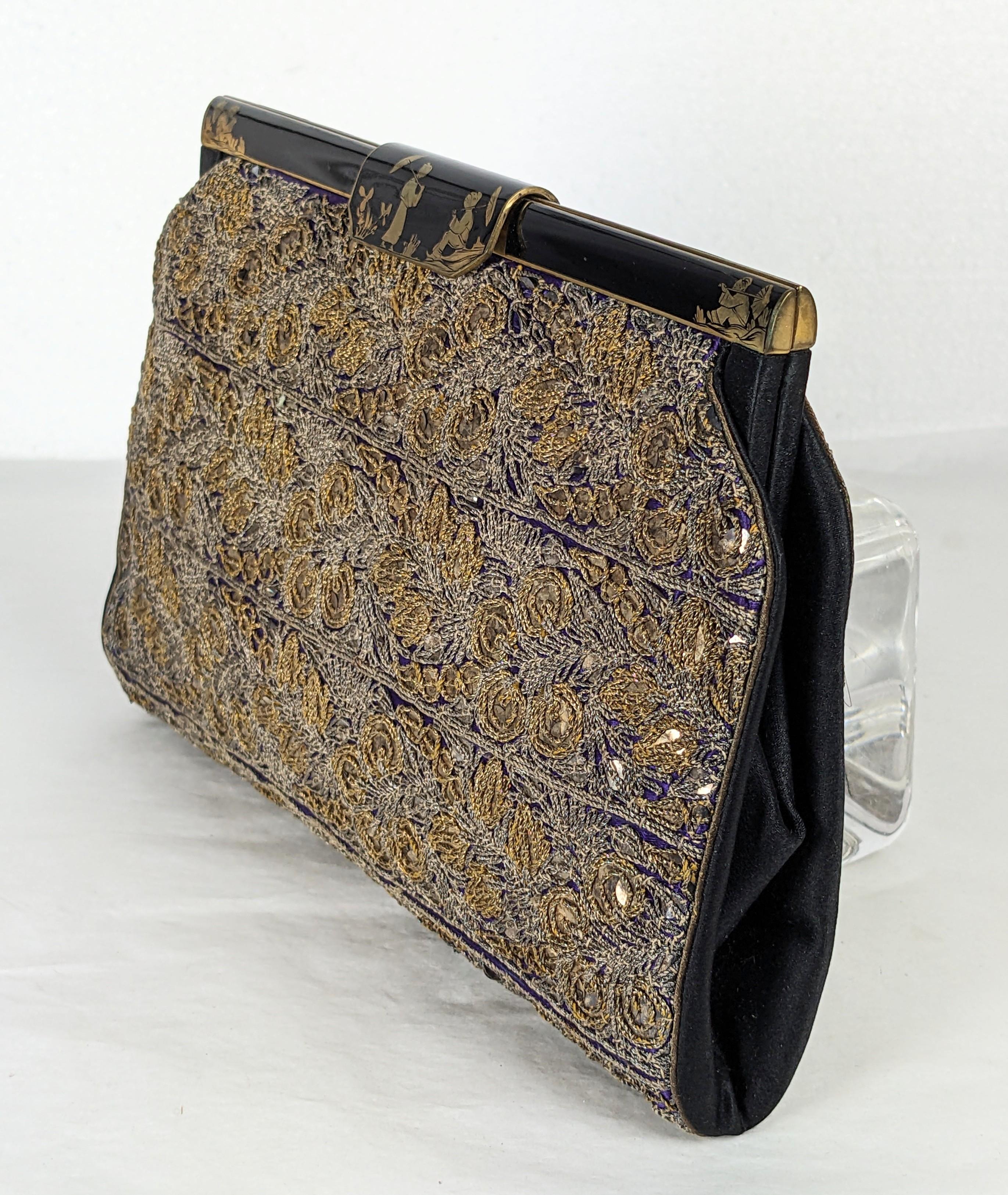 French Chinoiserie Enamel Embroidered Sequin Clutch For Sale 2